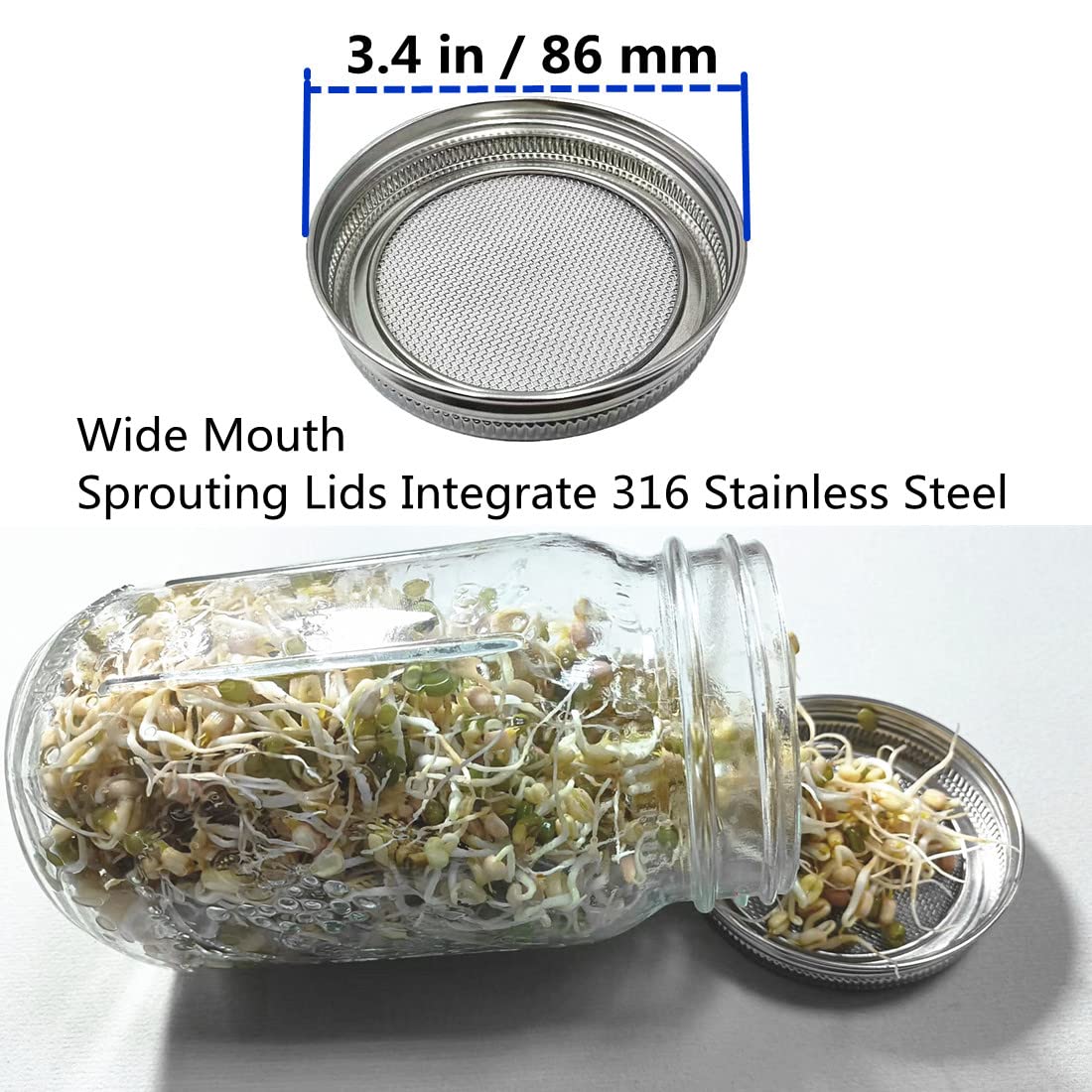 MIA GENOVIA Mesh Sprouting Lids - 316 Stainless Steel Wide Mouth Mason Jar Strainer - 4 Pack, 3.4" Size