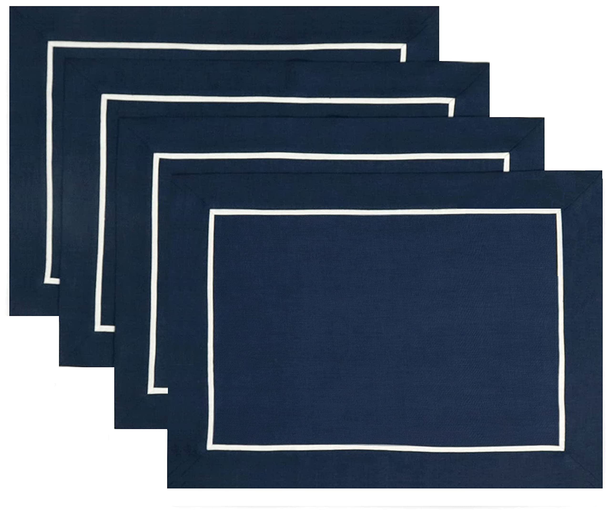 D'Moksha Homes Navy Blue Linen Placemats With White Trim, Set Of 4-14 X 19 Inch, 100% Pure Linen Fabric Placemats Navy Blue & Wh