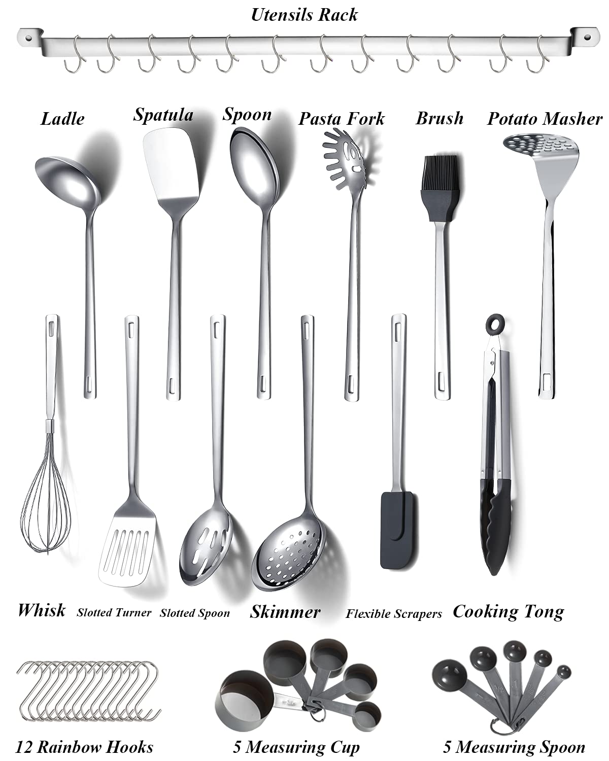 Kyraton 37-Piece Stainless Steel Cooking Utensils Set, Non-Stick, Heat Resistant, Silver, Model KT280.S37