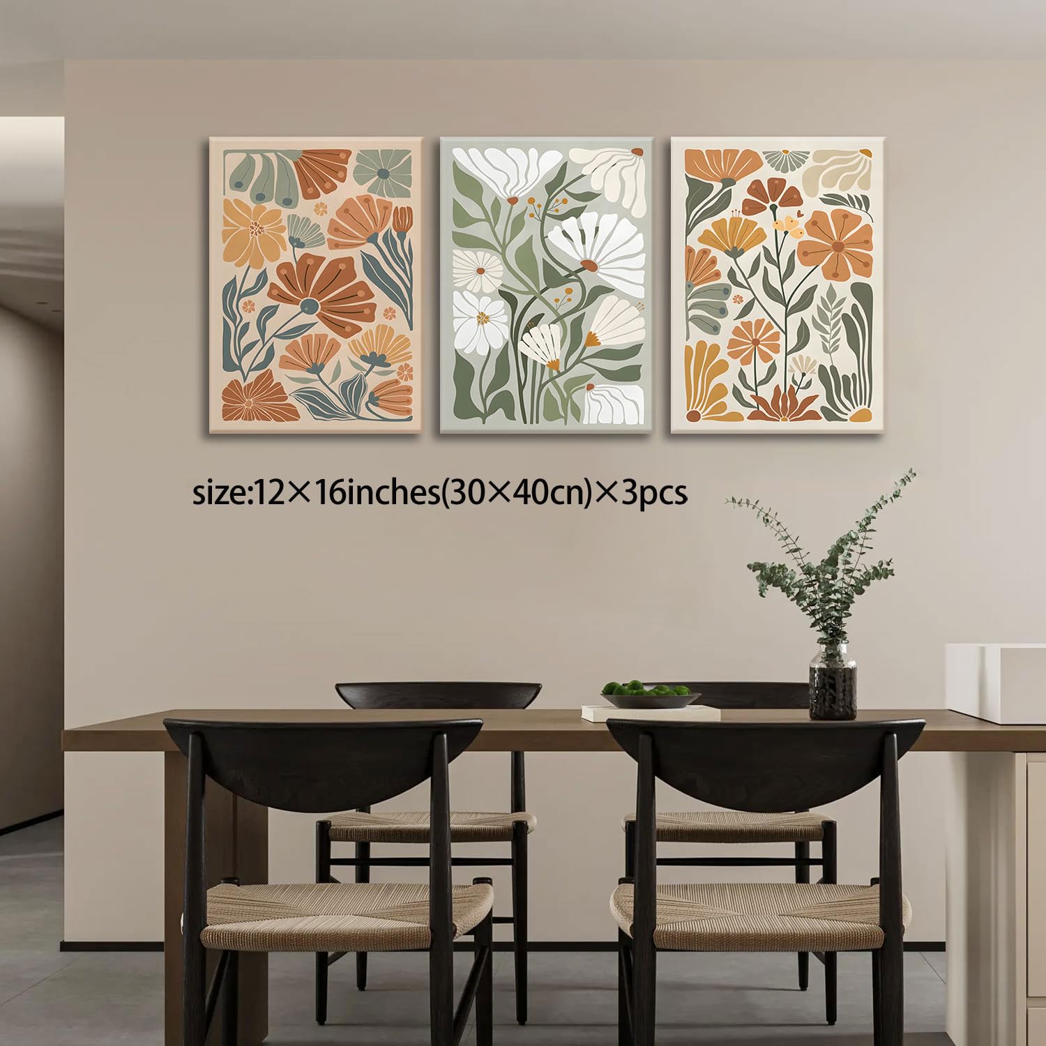 Kissfox Framed Canvas Wall Art Abstract Floral Botanical Print Set Of 3 Green Beige Wildflower Flower Market Paintings Boho Mode