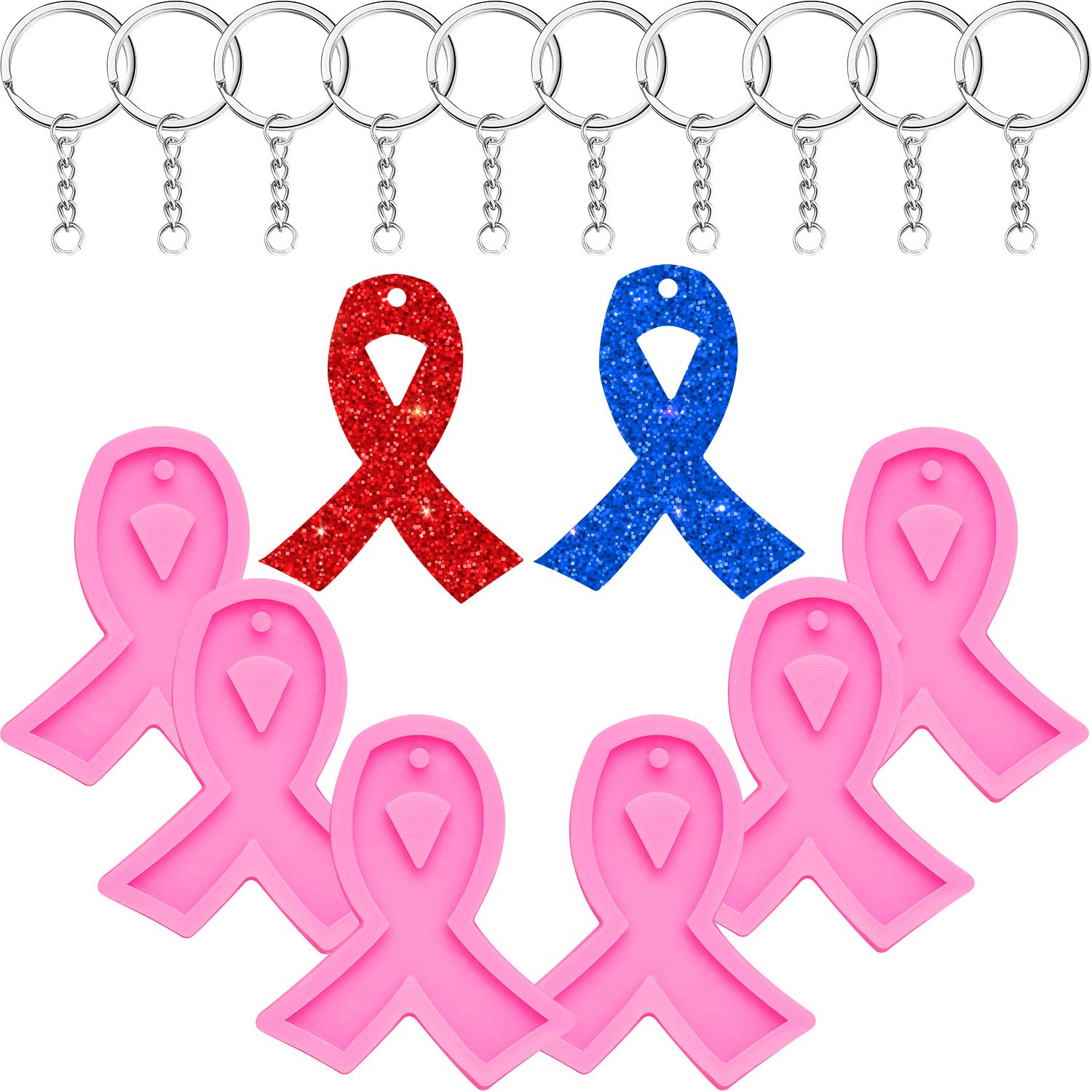 6 Pieces Ribbon Silicone Mold Awareness Ribbon Silicone Mold With Hole And 10 Pieces Keyrings For Diy Chocolate, Cake, Pudding,