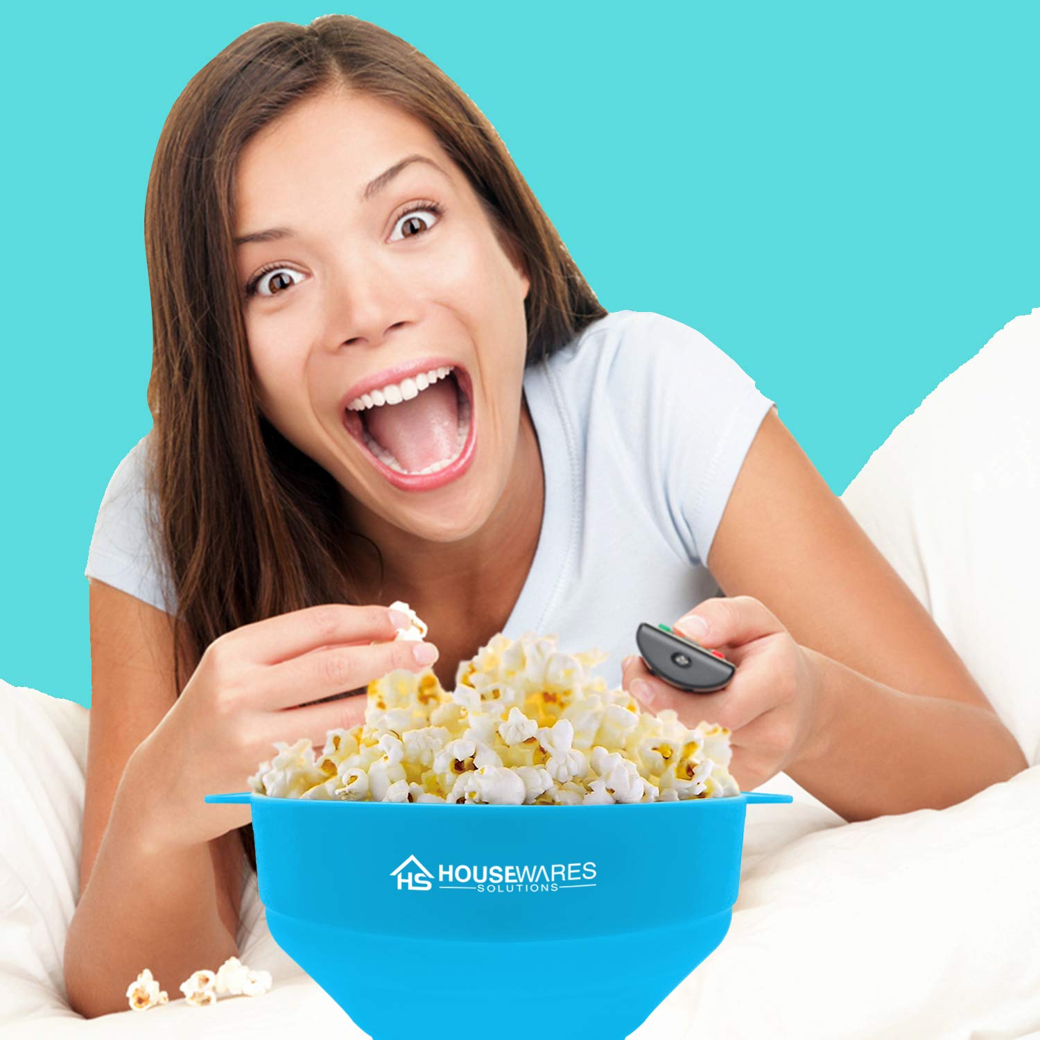 Collapsible Silicone Microwave Hot Air Popcorn Popper Bowl With Lid and Handles - Aqua