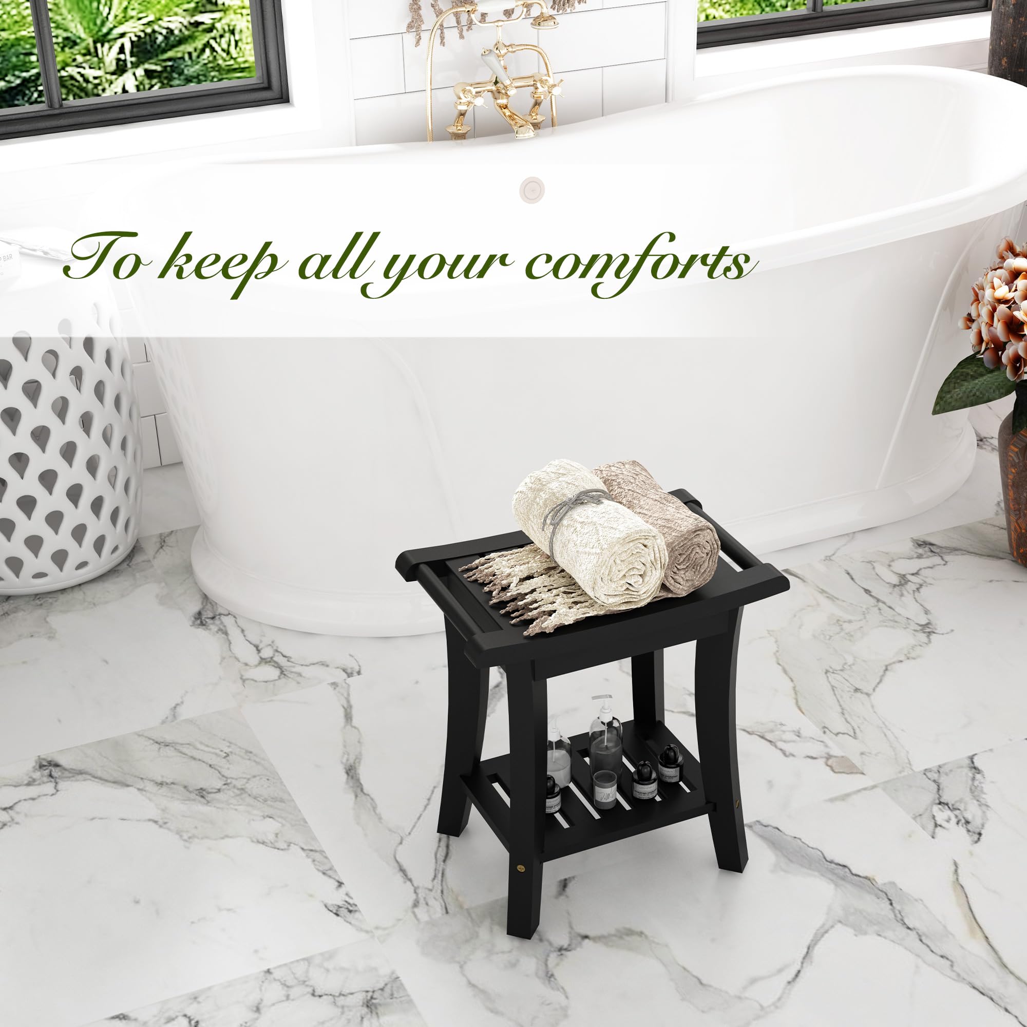 Bamboo Shower Bench Inside Shower Stool With Storage Shelf, Spa Bath Chair For Bathroom, Seat Or Organizer For Living Room, Bedr