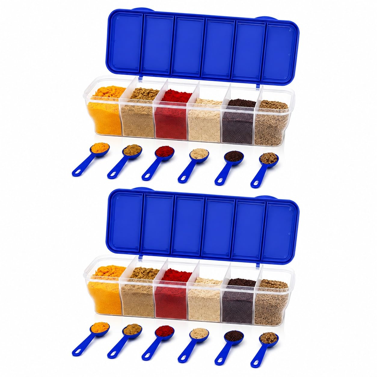 2 Pcs Kitchen Masala Organizer with 6 Compartments & 6 Spoons | Airtight Spice Storage Box | Compact Multipurpose Masala Contain