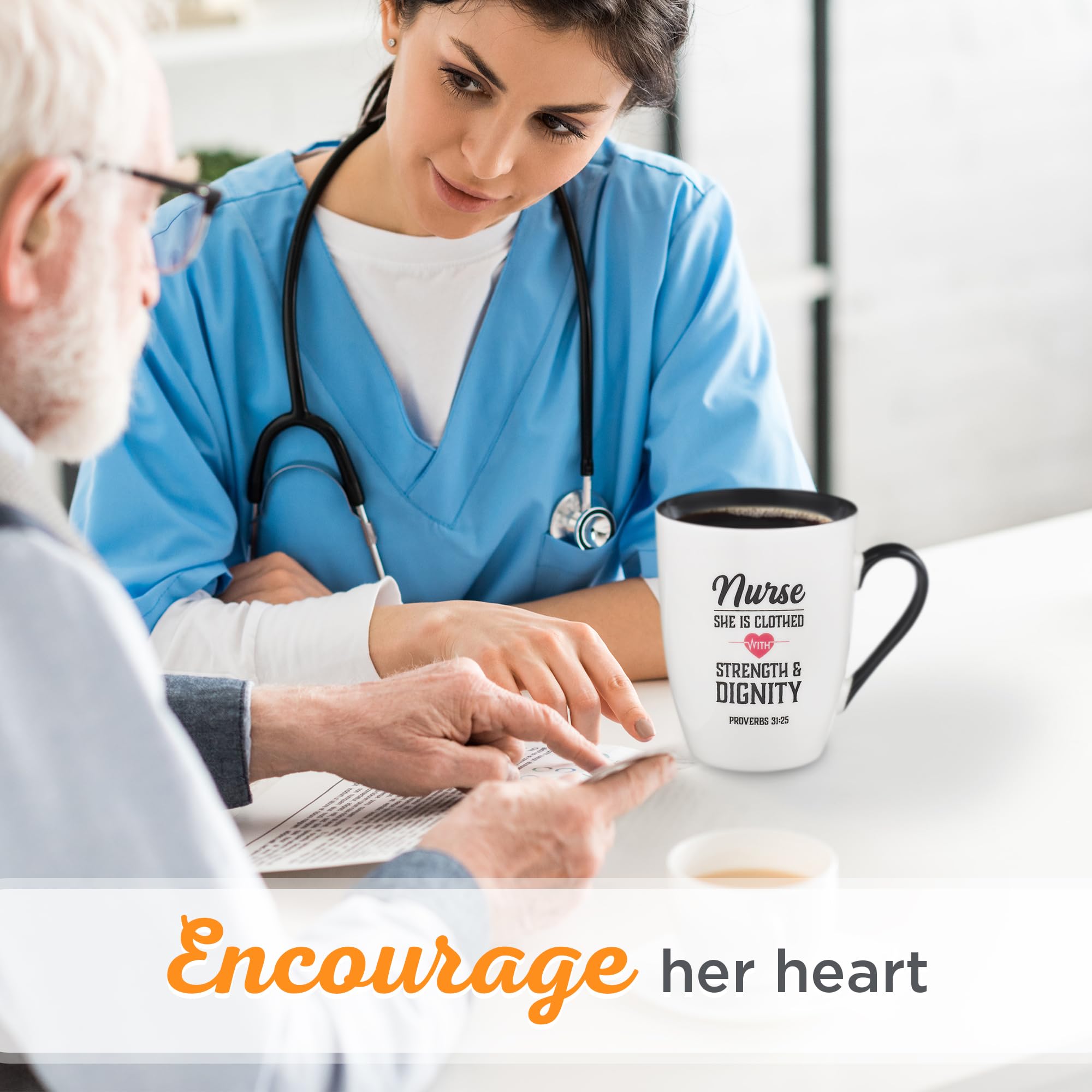 Christian Art Gifts Inspirational Ceramic Coffee & Tea Scripture Mug for Women Nurses: Strength & Dignity Encouraging Proverb, M