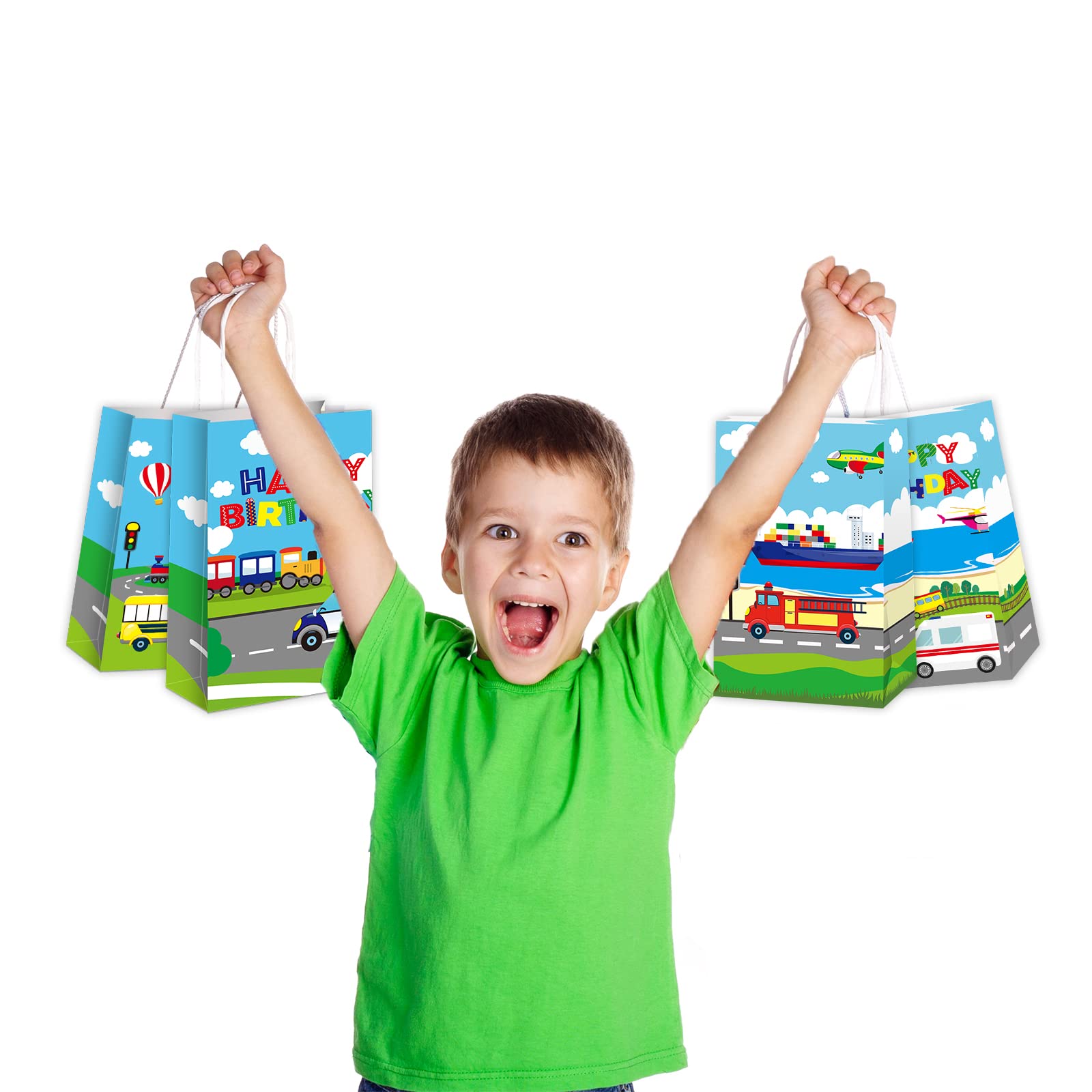 Gisgfim 12Pcs Transportation Party Favor Gift Bags Transportation Theme Party Treat Paper Candy Goodie Bag With Handle For Trans