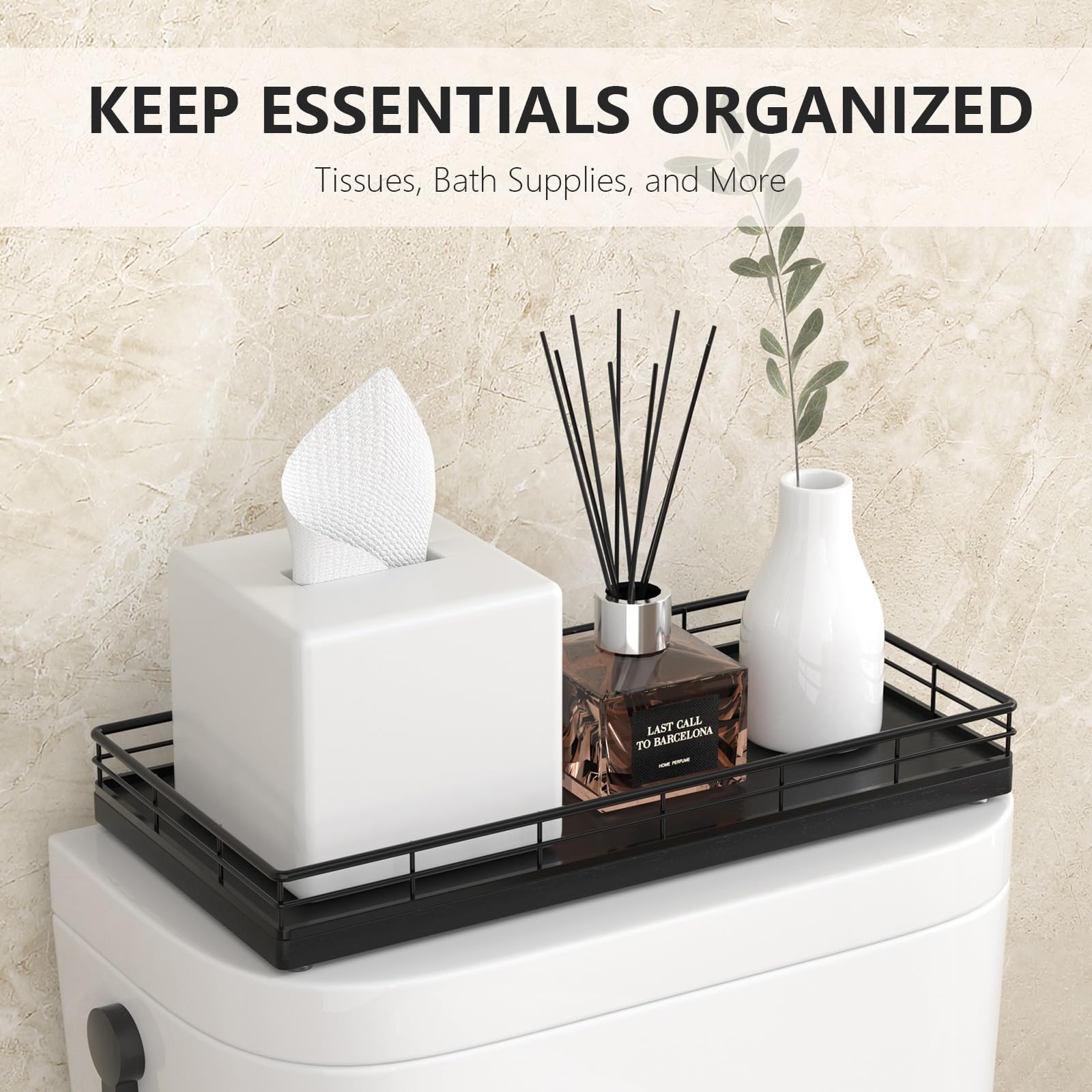 Toilet Paper Basket Organizer - Oak Wood Toilet Tank Tray with Metal Frame, Back of Tank or Top Bathroom Counter Storage - Black