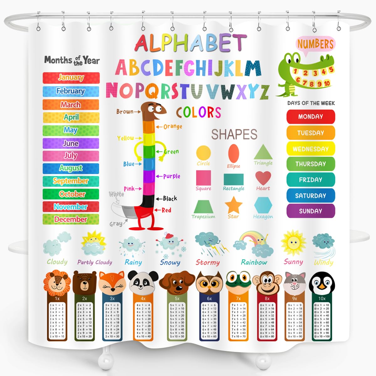 Zxmbf Abc Educational Shower Curtain Kids Learning Tool Funny Cartoon Animals Colors Shapes Weathers Multiplication Table Girls