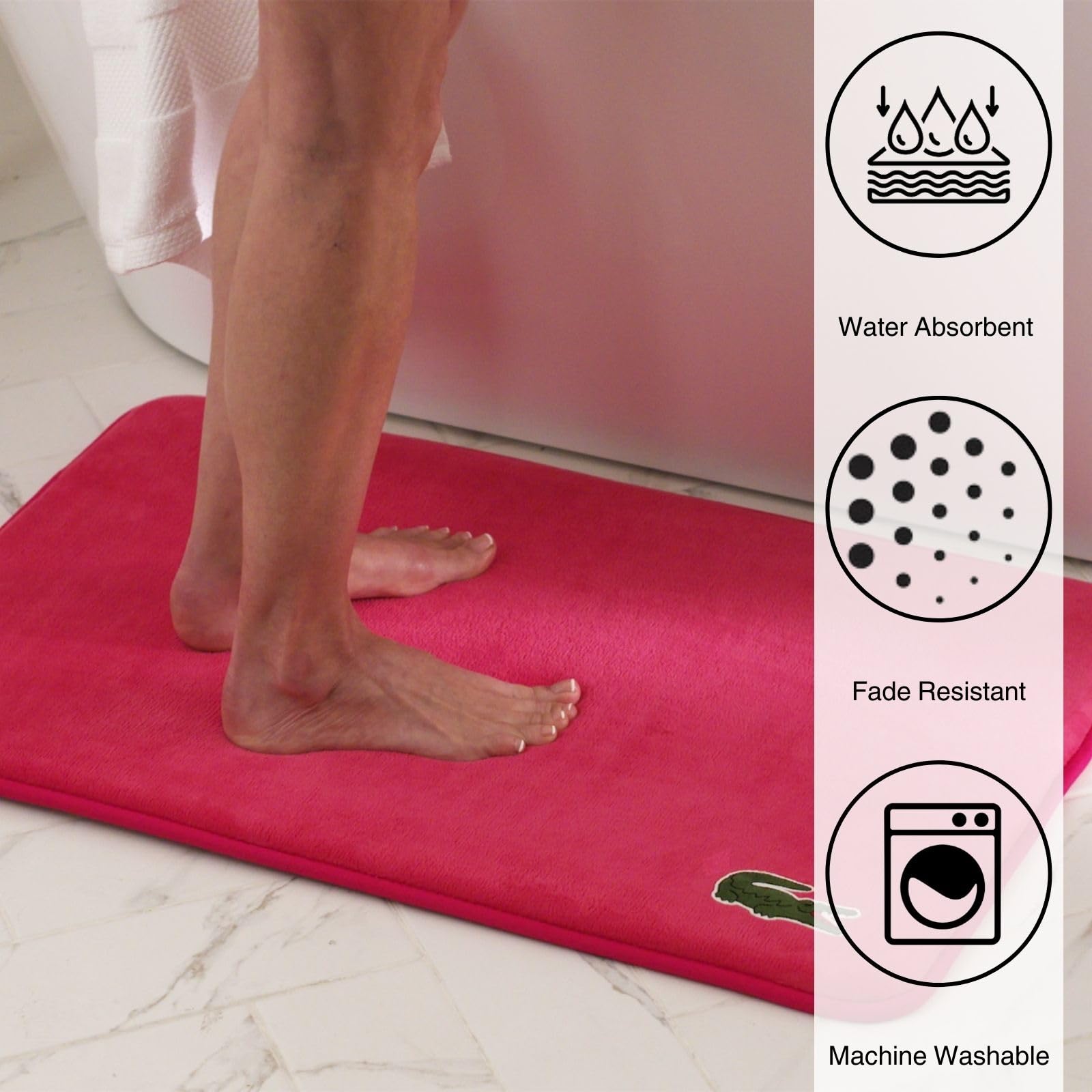 Lacoste Crocodile Bath Mat, Memory Foam Rug, Magenta, 19X30