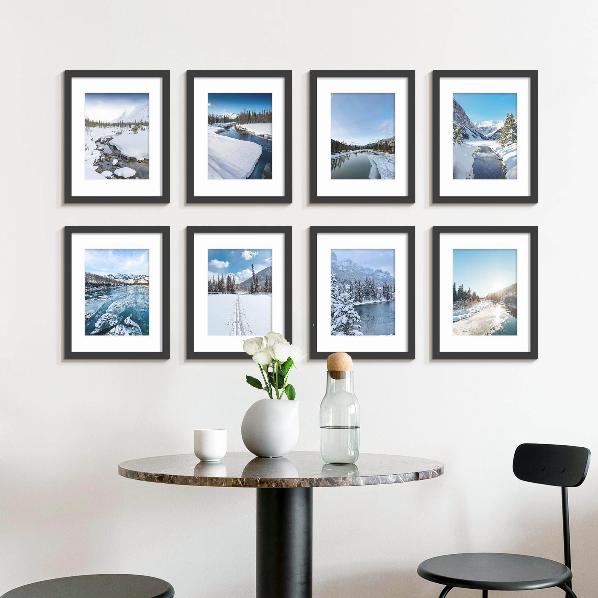 Wiscet 8.5x11 Picture Frame Set of 9, Display Pictures 6x8 with Mat or 8.5x11 Without Mat, Photo Frame for Wall Mounting or Tabl