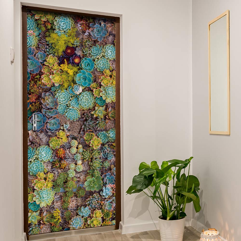 Nature Art Self Stick Vinyl Door Mural Sticker, Peel And Stick Removable Refrigerator Wrap Decal, Succulent Plant, 32.3X78.7, 2