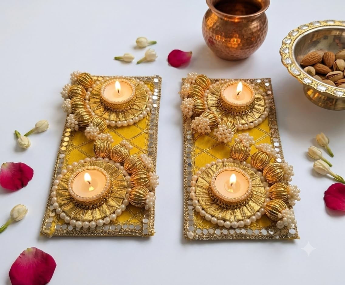 KOOGLY Decorative Table Runner Set, Gold and White, Set of 2