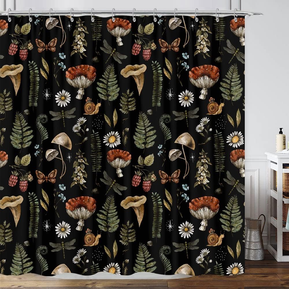 Goaok Vintage Mushroom Boho Shower Curtain, Magic Fairy Witchy Woodland Nature Plant Shower Curtain Set, Hippie Botanical Floral