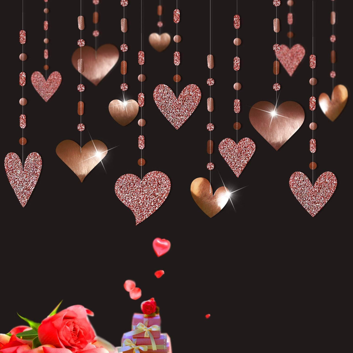 Cheerland 16 Pcs Glitter Rose Gold Heart Garland Decorations Hanging Garlands Streamer Banner Backdrop Valentines Mother'S Day W