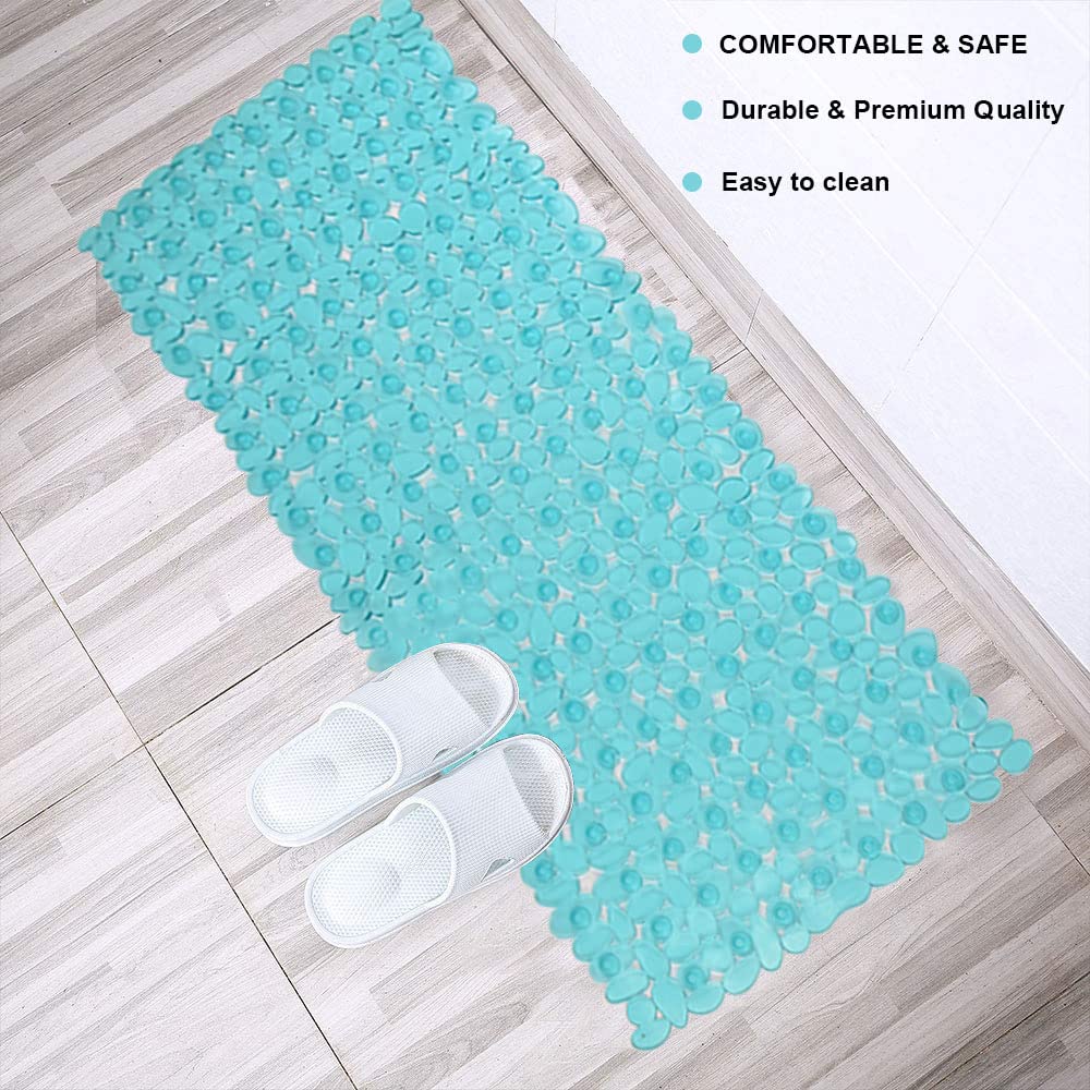 Songziming Bathtub Mat Non Slip Pebble Bath Shower Mat With Drain Holes, Suction Cups Mat For Tub 16'' W X 35'' L, Clear Green