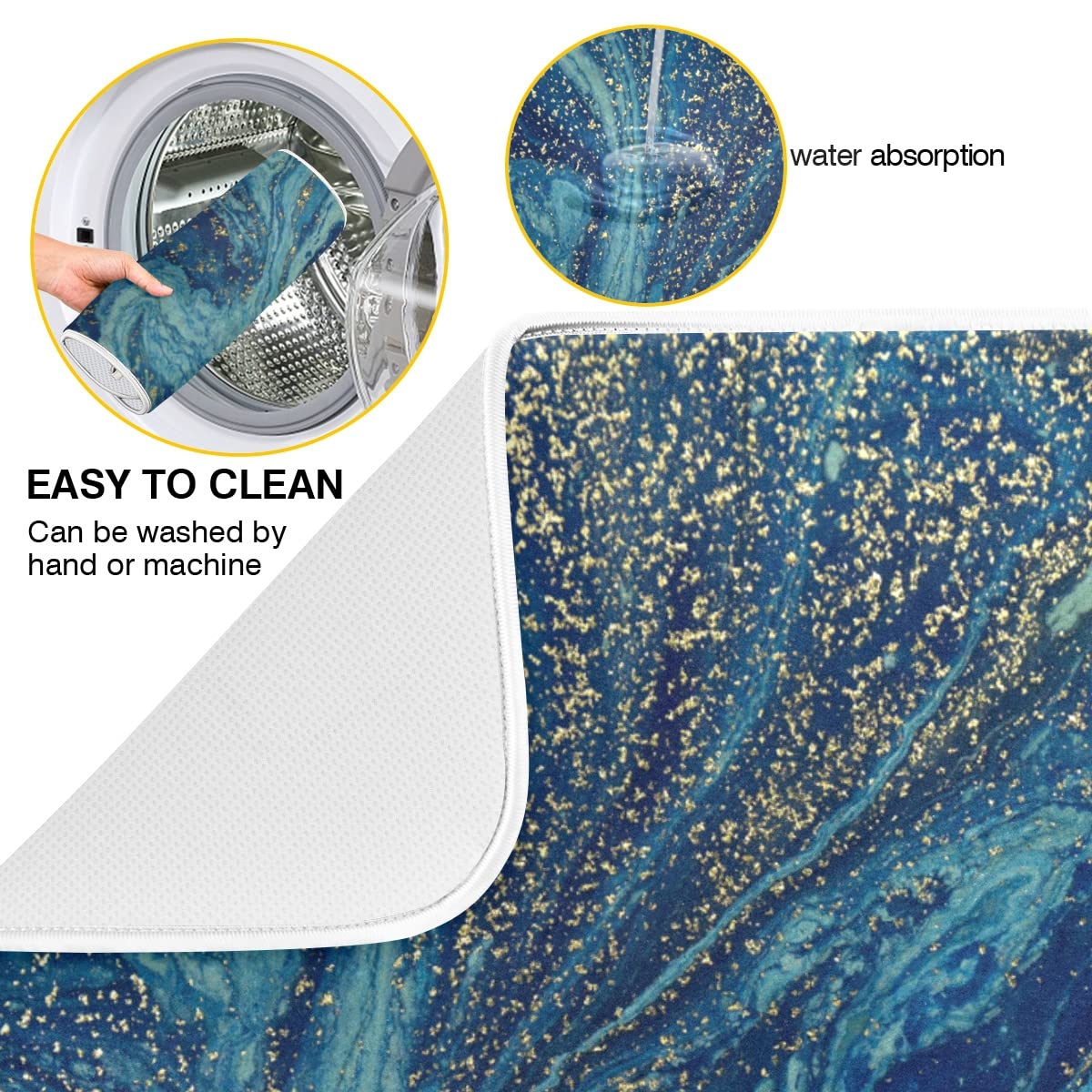 Marble Print Dish Drying Mat Blue Golden Tie Dye Mat For Kitchen Counter Tops,Microfiber Drying Mats Absorbent Reversible Dish P