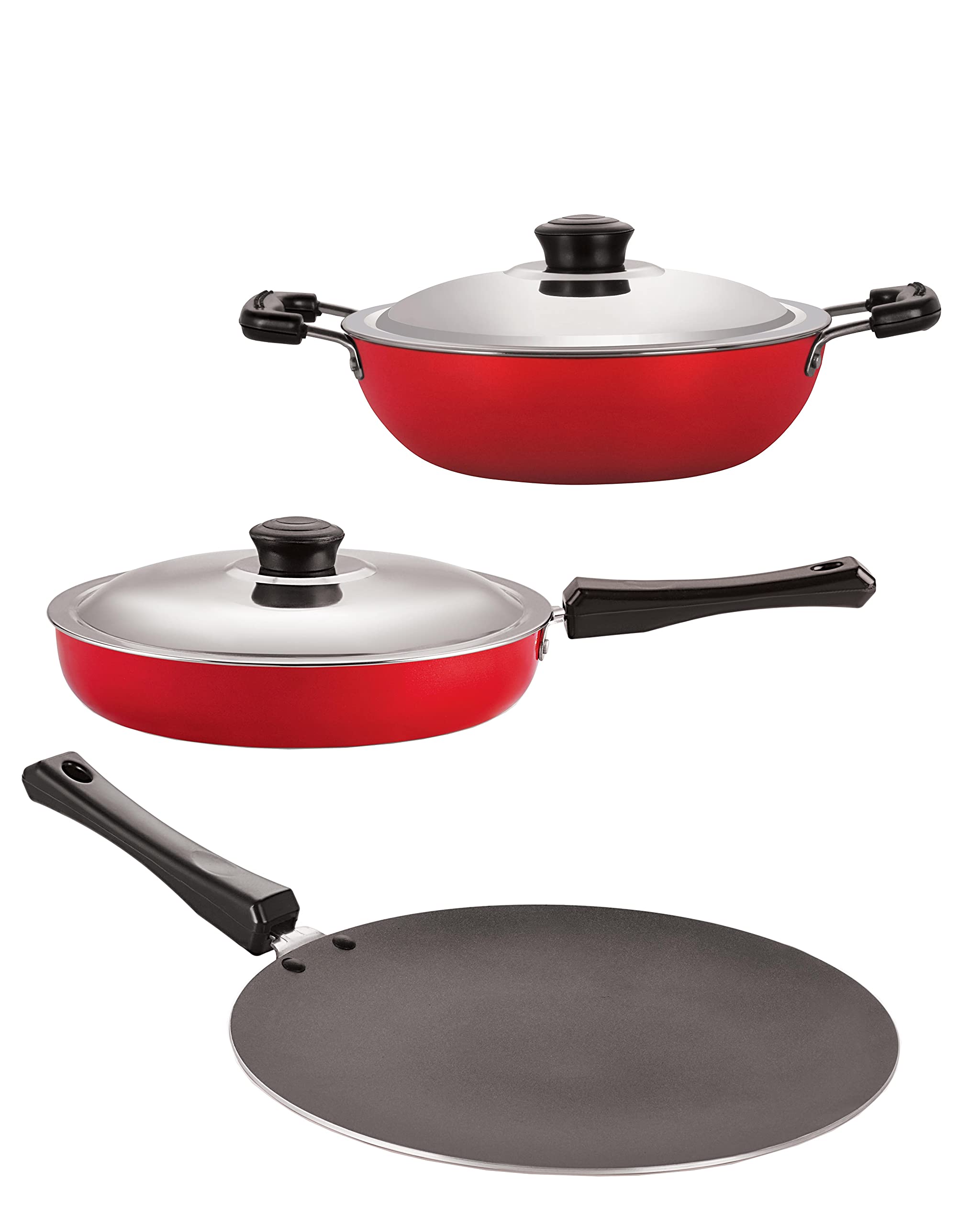 Brand New 3 Piece Nirlon NonStick Cookware Pots & Pan Kitchen Set (Concave Tawa 28.5 Cm, Fry Pan With Steel Lid 2 Ltr, Deep Kad