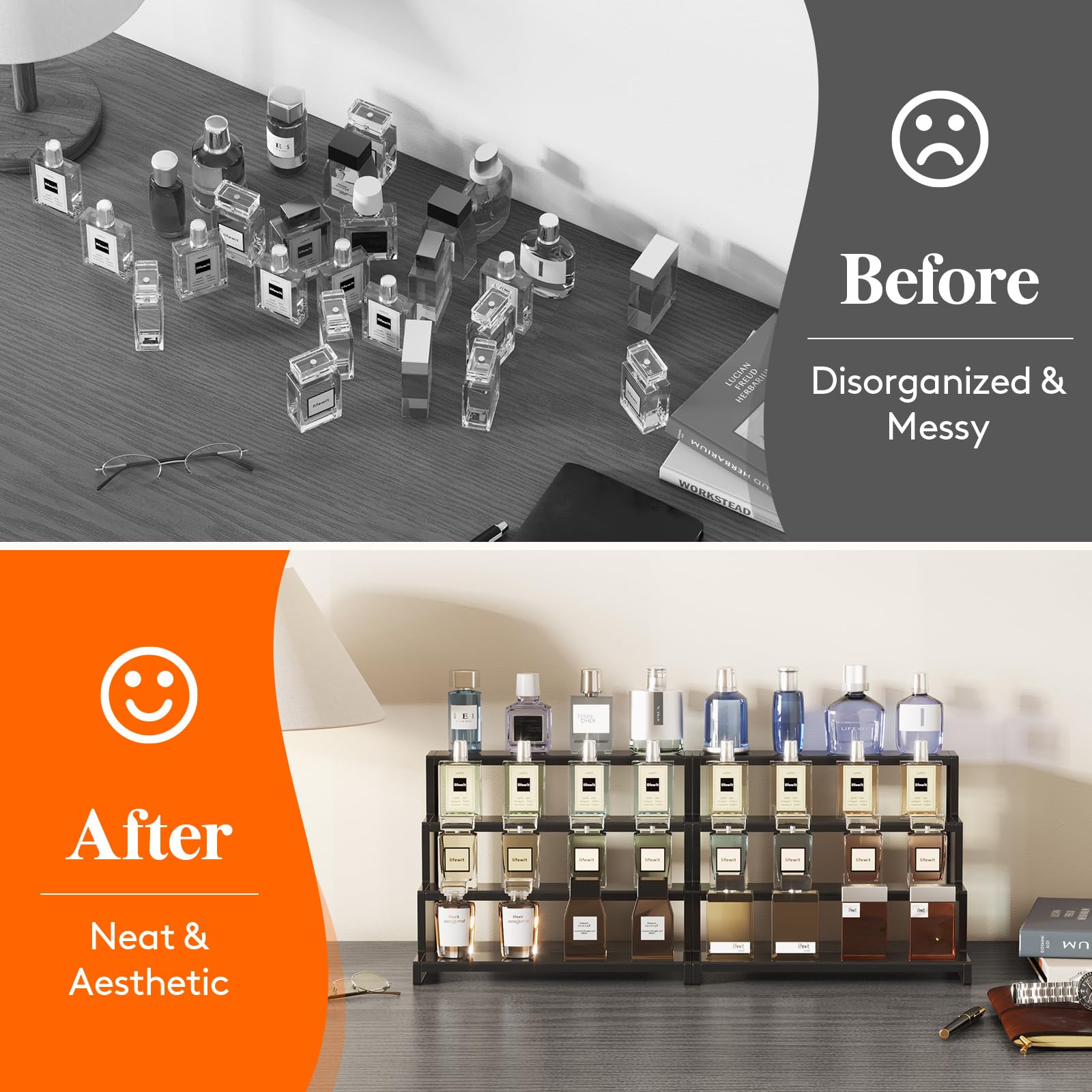 Lifewit Plastic 12 Inch Dark Cologne Stand, Step Perfume Organizer, Tool-free Assembly, Display Stand Shelf for Fragrance, Skinc