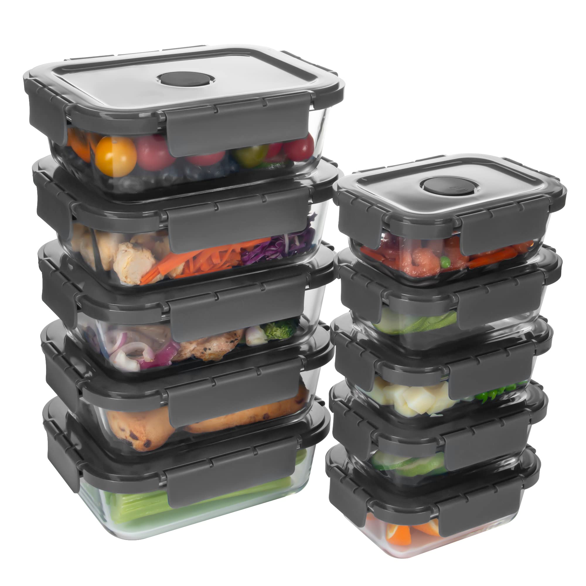 HAKEEMI 10 Pack Glass Food Storage Containers with Lids, Airtight Meal Prep Containers, Glass Lunch Containers Built in Air Vent