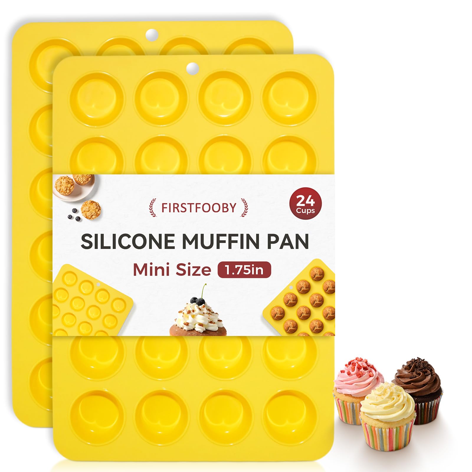 Firstfooby 2 Pcs Silicone Mini Muffin Pan, 24Cup Mini Cupcake Pan for Baking Nonstick BPA Free, FoodGrade Silicone Baking Mold