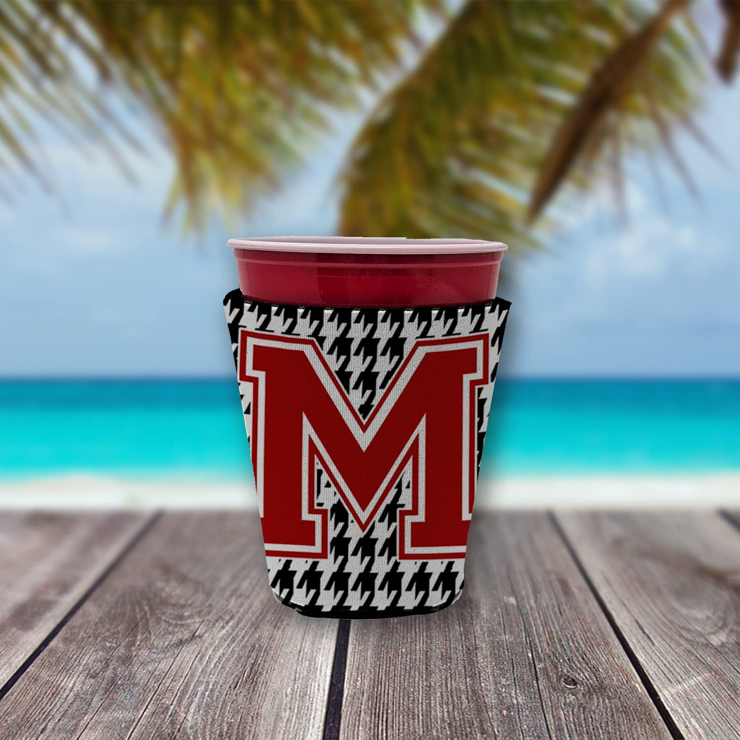 Monogram - Houndstooth  Initial  M Red Solo Cup Beverage Insulator Hugger CJ1021M-RSC