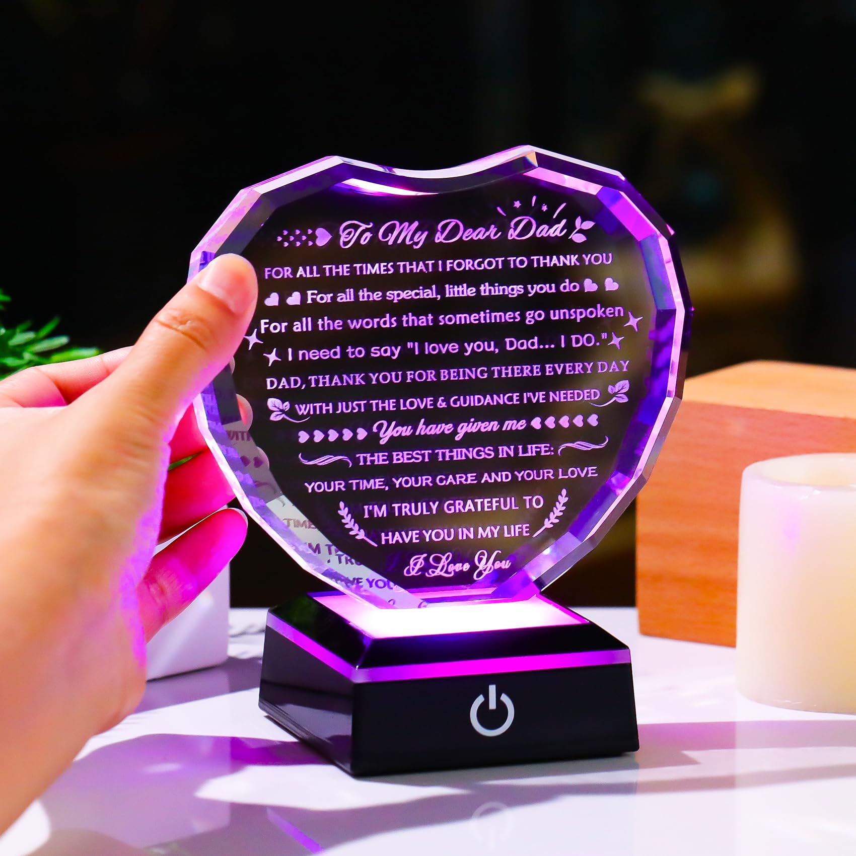 YWHL Gifts for Dad from Daughter Son with Colorful Light Base Birthday Gifts for Dad Crystal Heart Keepsake Thank You Gift Idea
