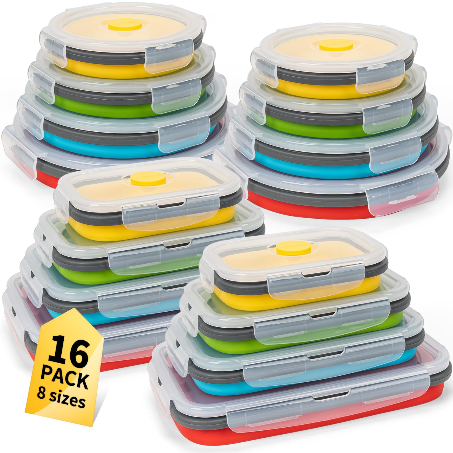 Collapsible Food Storage Containers with Lid & Air Vent, 16 Pack, 8 Rectangular + 8 Round, Annaklin Foldable Silicone Lunch Cont