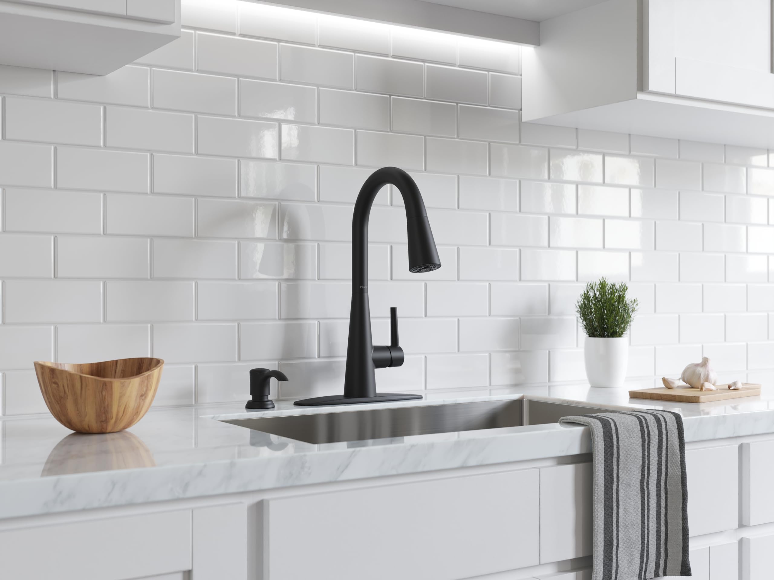 Pfister Barulli Kitchen Faucet With Pull Down Sprayer And Soap Dispenser, Single Handle, High Arc, Matte Black Finish, F5297Barb