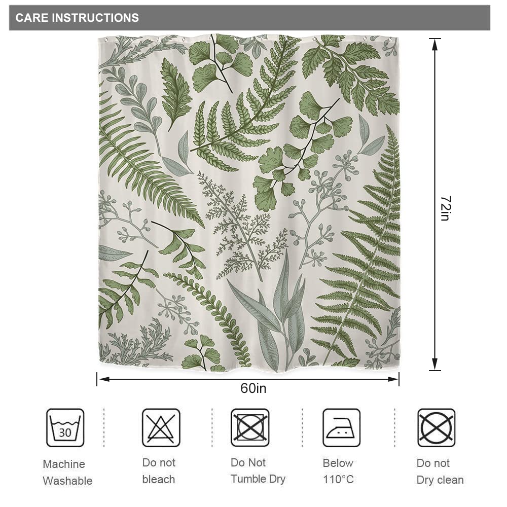 Riyidecor Sage Green Fern Leaves Shower Curtain for Bathroom Decor 60Wx72H Rural Eucalyptus Plant Natural Farmhouse Floral Botanical Beige Art Printed Fabric Polyester Waterproof 12 Pack Plastic Hooks