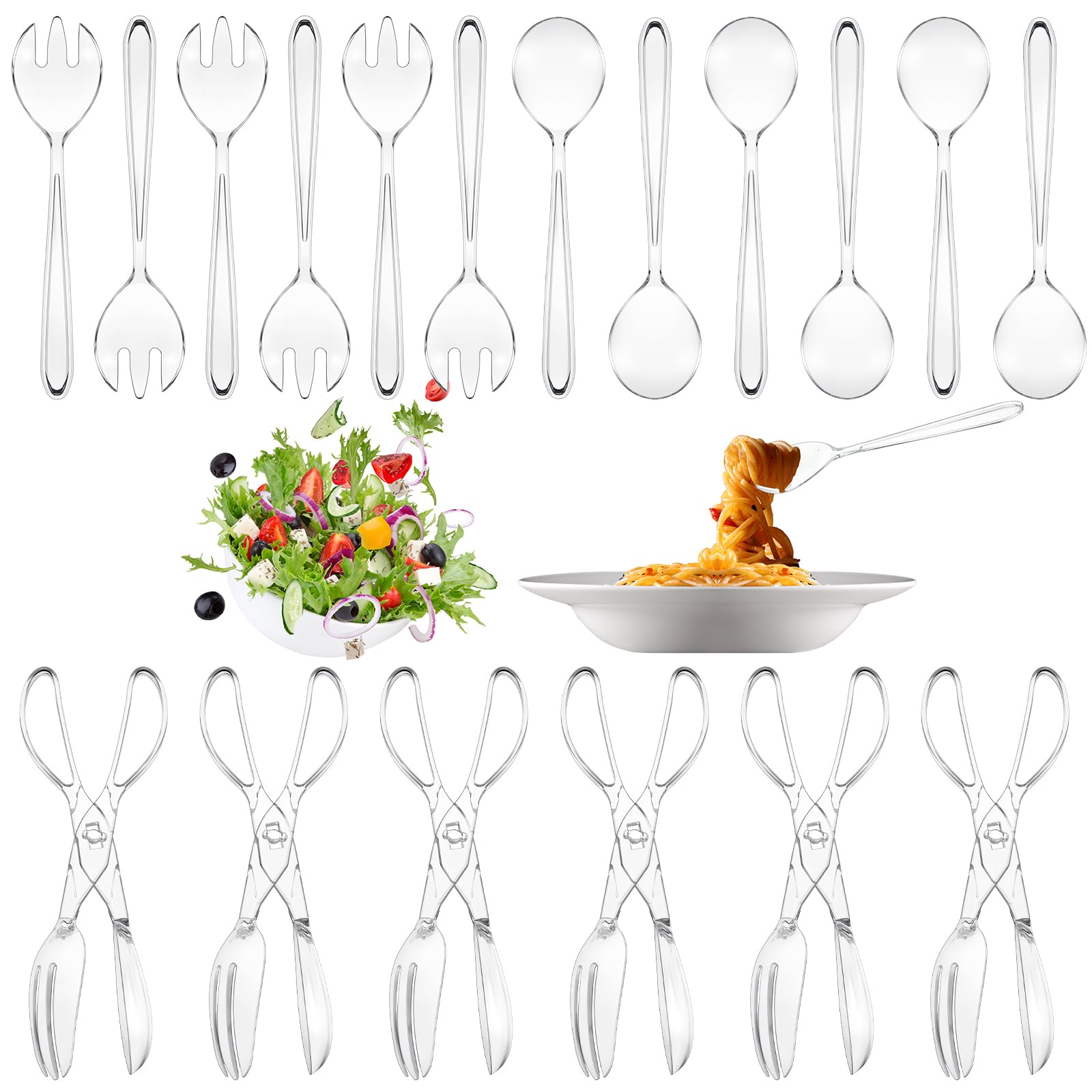 Lanties 18 Pack Plastic Serving Utensils 9'' Clear Disposable Utensils Set Includes 6 Pcs Serving Spoons 6 Pcs Serving Forks 6Pc