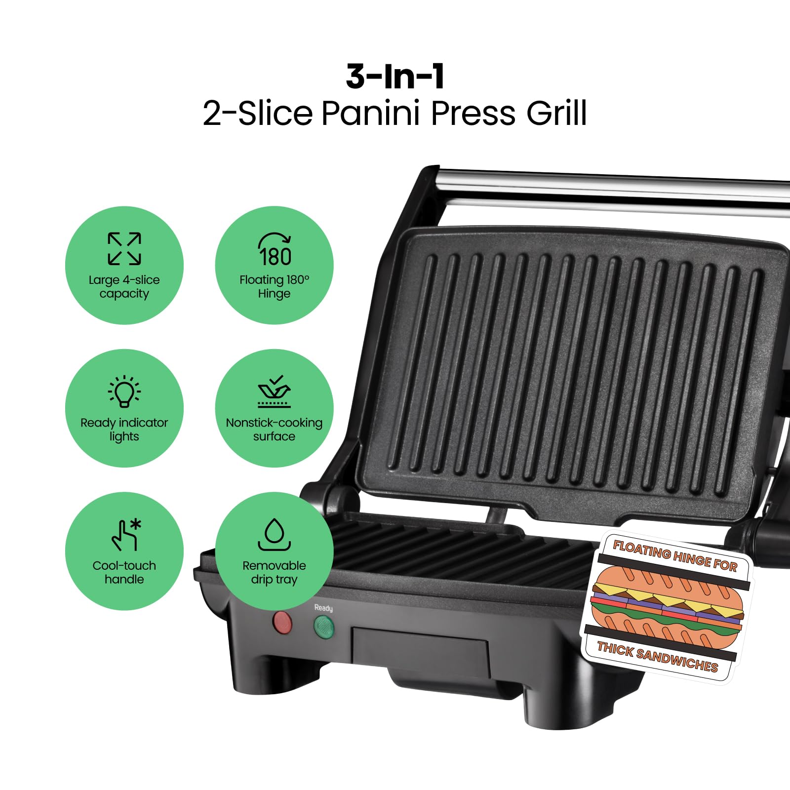 Chefman Electric Panini Press Grill And Gourmet Sandwich Maker W/ Non-Stick Coated Plates, Opens 180 Degrees To Fit Any Type Or