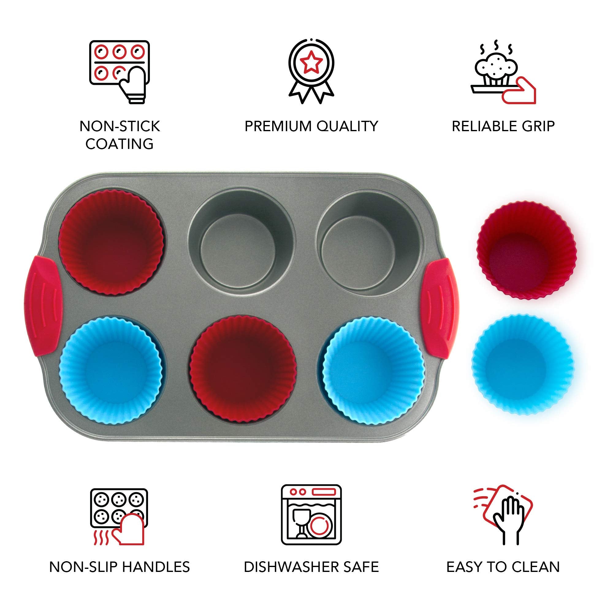 Boxiki Kitchen Non-Stick Steel 6 Cup Muffin Pan With Silicone Handles And Reusable Liners - Perfect For Baking Large Muffins And