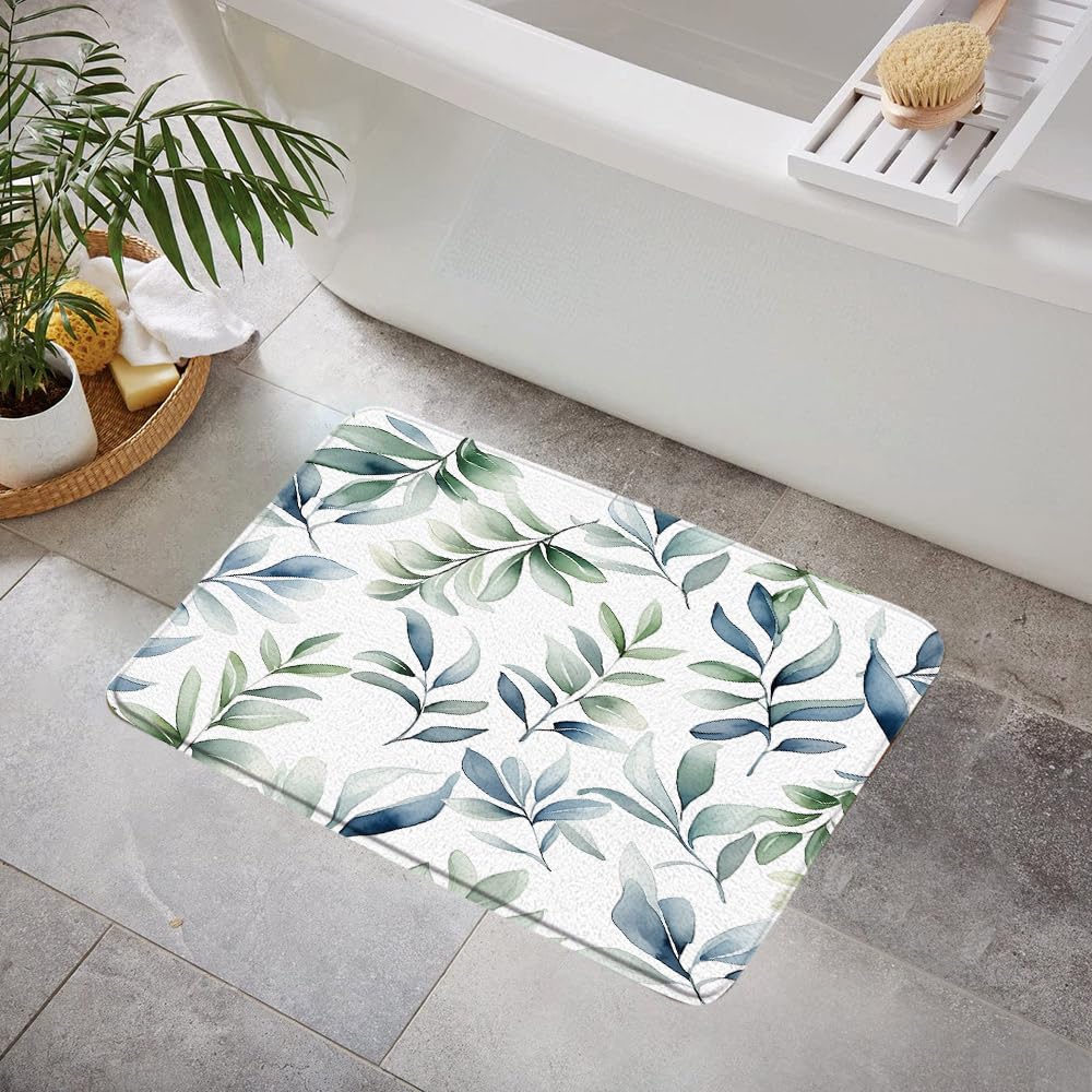 YOZSLGU Sage Green Leaves Bath Mat Watercolor Blue Plant Minimalist Modern Abstract Memory Foam Bathroom Kitchen Rug, 17.8x29.5 
