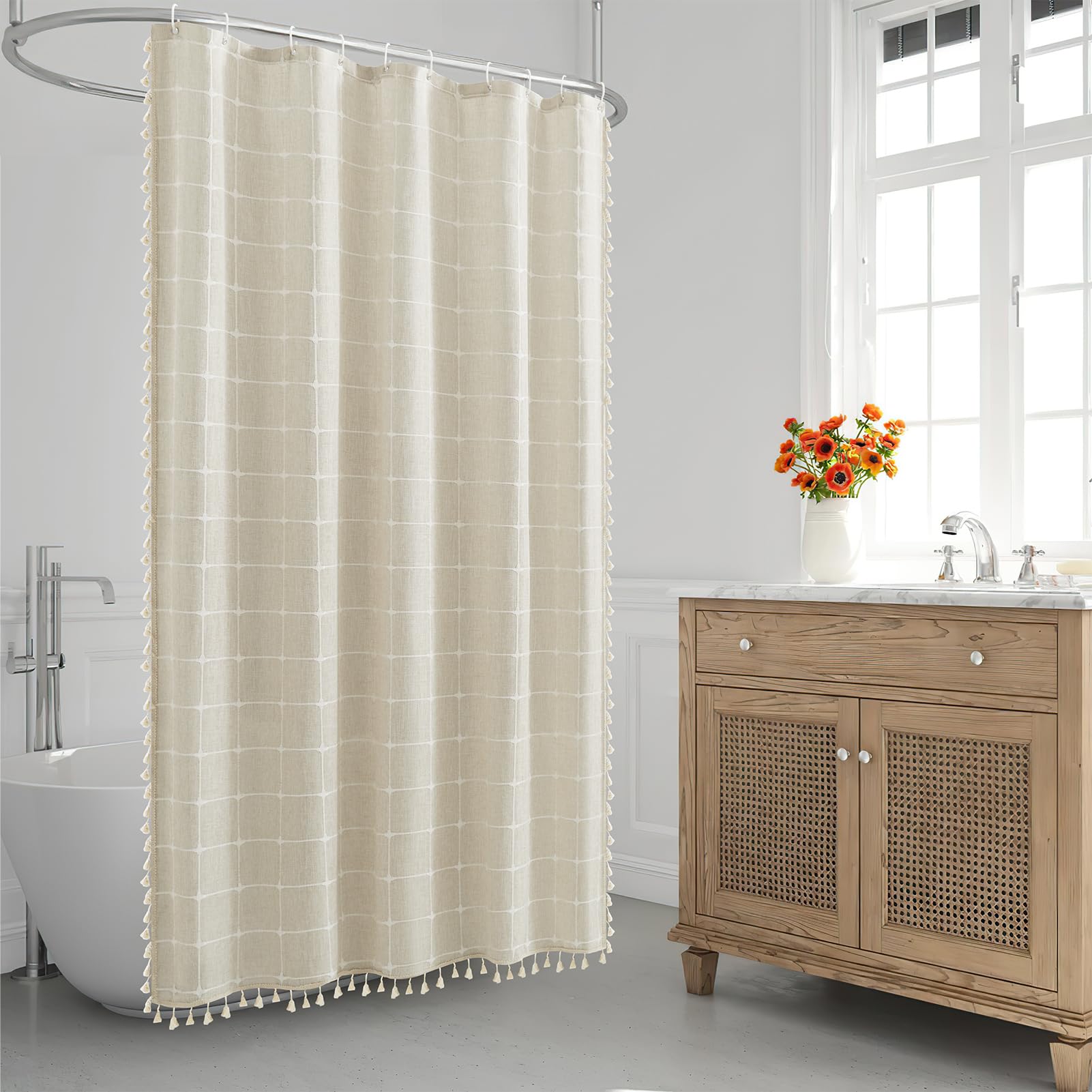 Natural Linen Shower Curtain, Boho Farmhouse Heavy Duty Textured Fabric Shower Curtain Set With Tassels, Neutral Bohemian Chic V