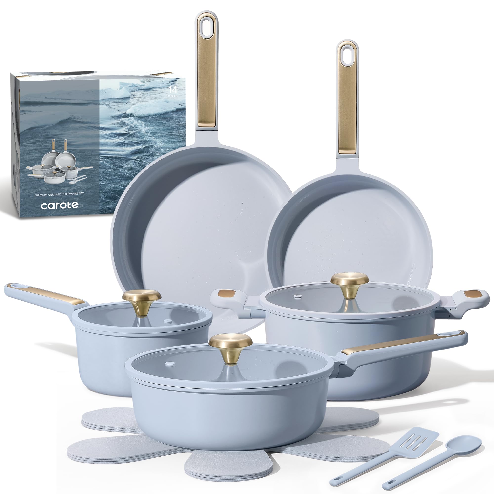 CAROTE Ceramic Cookware Set Nonstick, 14pcs Pots and Pans Set Nonstick, Non-Toxic & PFAS-Free, Dishwasher, RV/Camping Cookware S
