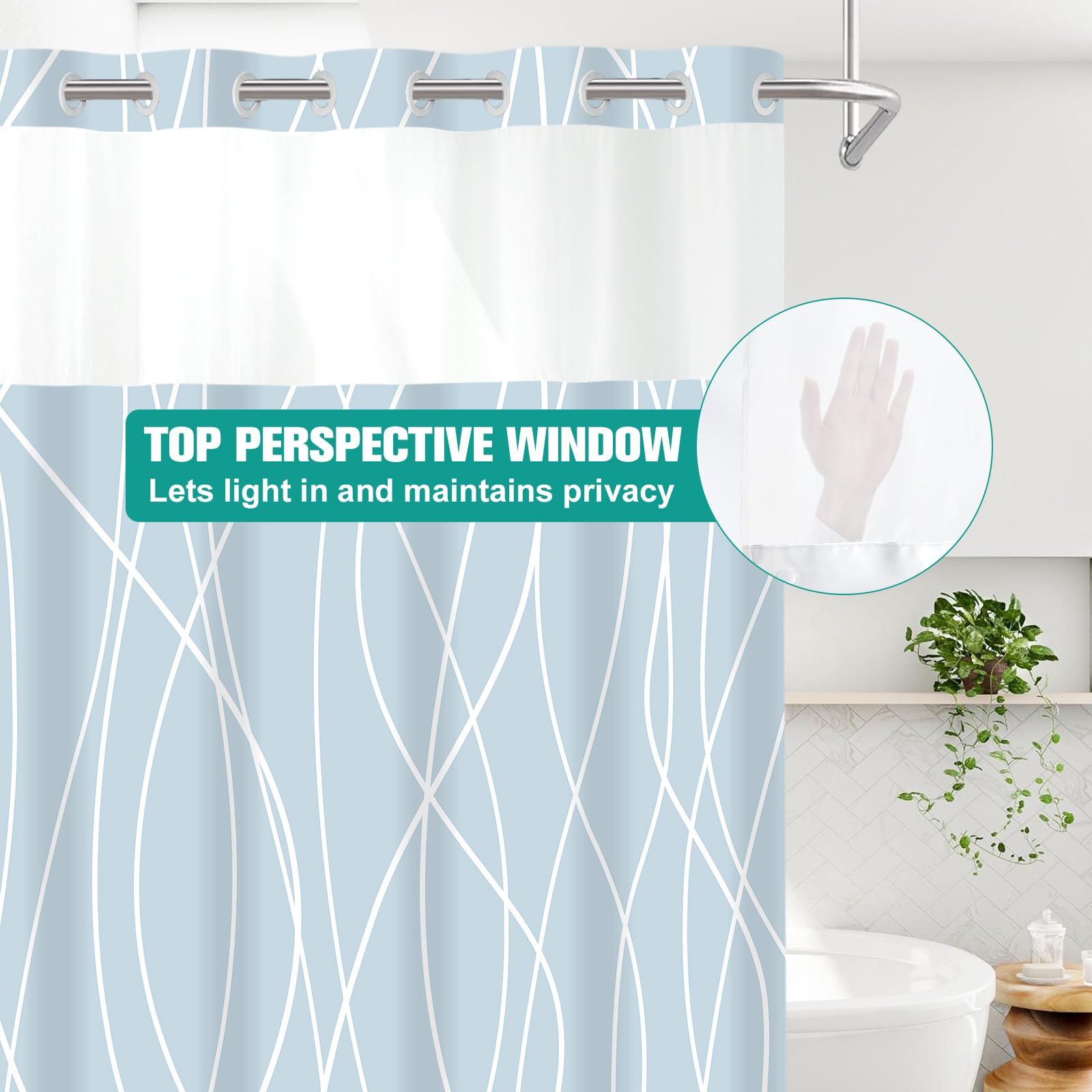 Lxbni No Hook Light Blue Striped Shower Curtain With Snap In Fabric Liner Set - Hotel Shower Curtain And Liner Set With See Thro