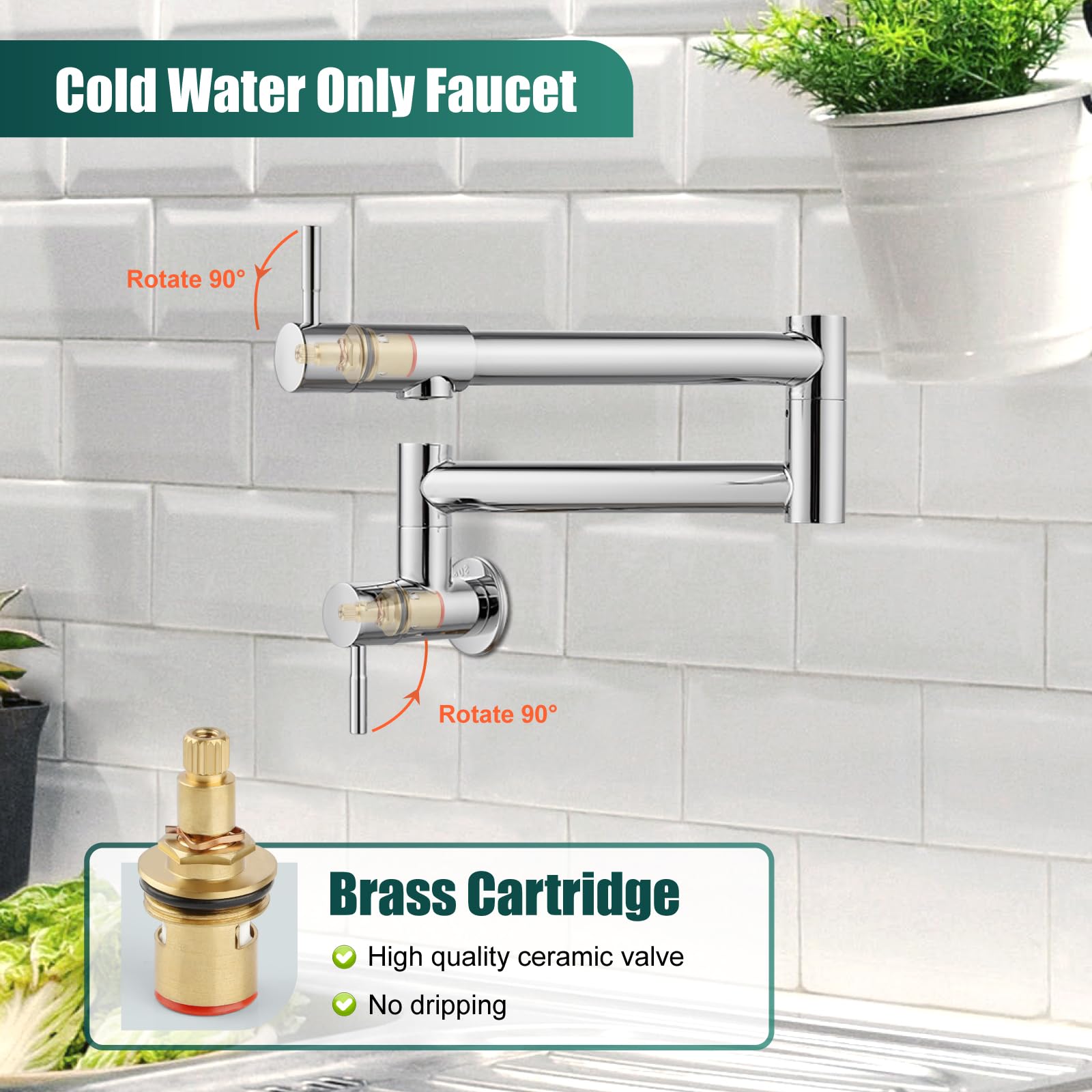 Heyalan Kitchen Restaurant Faucet Polished Chrome 19 Inch Wall Mounted Folding Stretchable Double Joint Swing Arm Single Hole Two Handles Commercial NPT Stainless Steel Pot Filler
