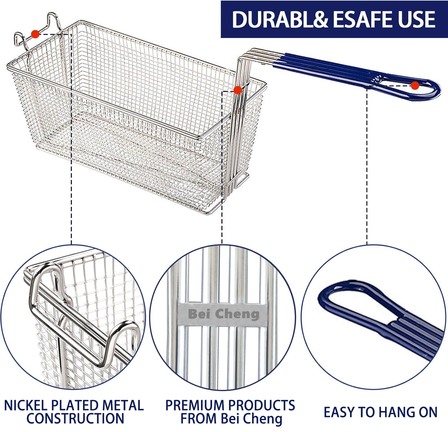 2Pcs Deep Fryer Basket With Non-Slip Handle Heavy Duty Nickel Plated Iron Construction 13 1/4'' X 6 1/2'' X 6'' Commercial Use