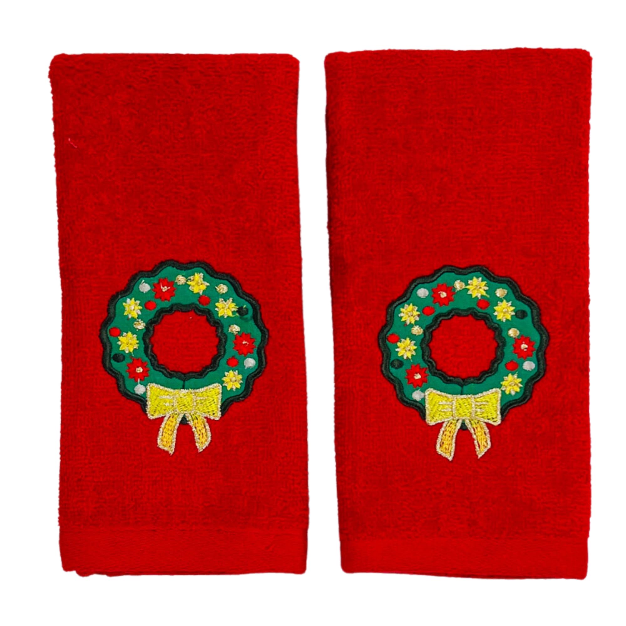 Serafina Home Christmas Bath Towel Set: Cotton Terry Fingertip Towels, Traditional Green Wreath Gold Bow Design, Set Of 2, Embro