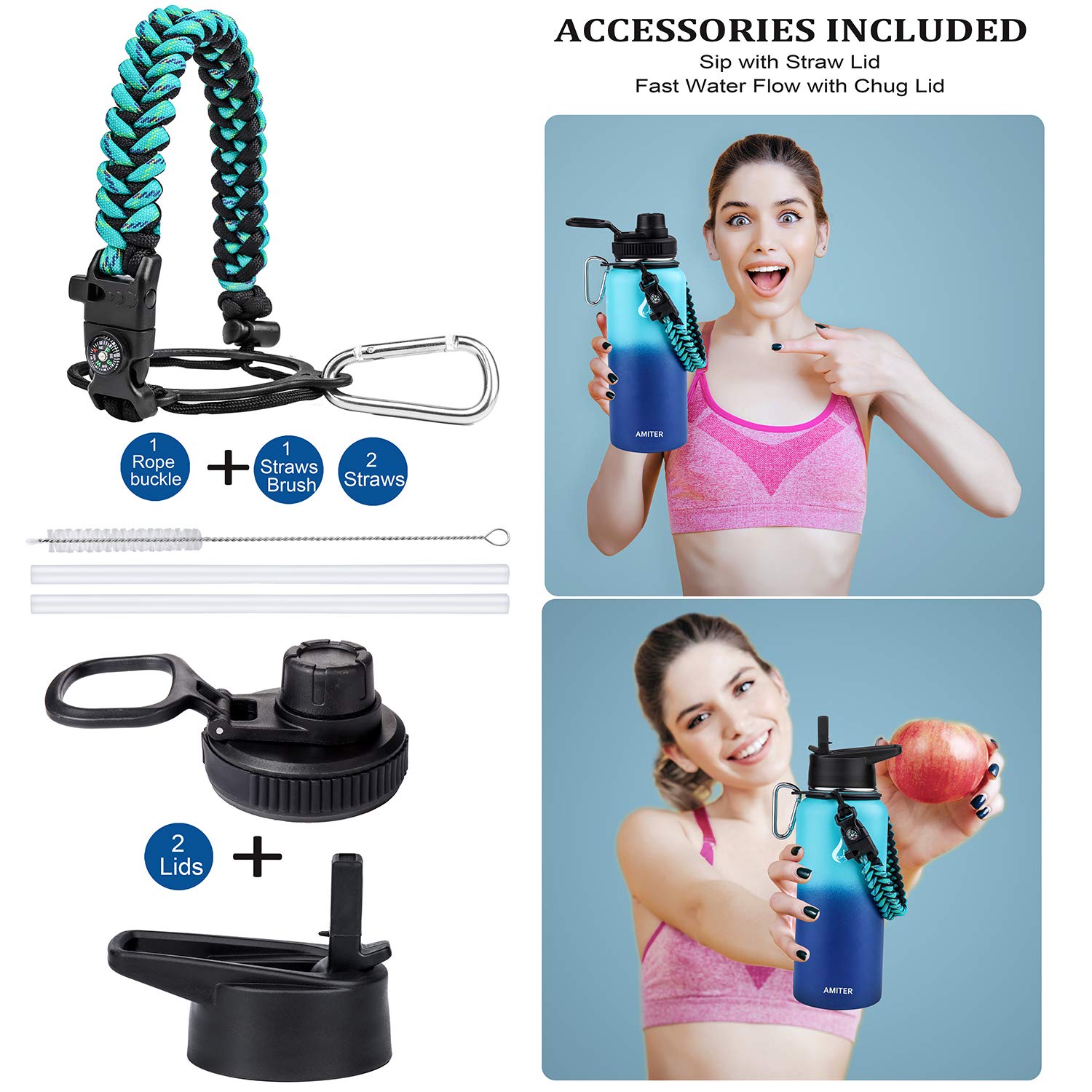 Amiter Insulated Bottle With Straw & Spout Lid, Wide Mouth Stainless Steel Water Bottles With Paracord Handle - 22Oz, 32Oz, 40Oz