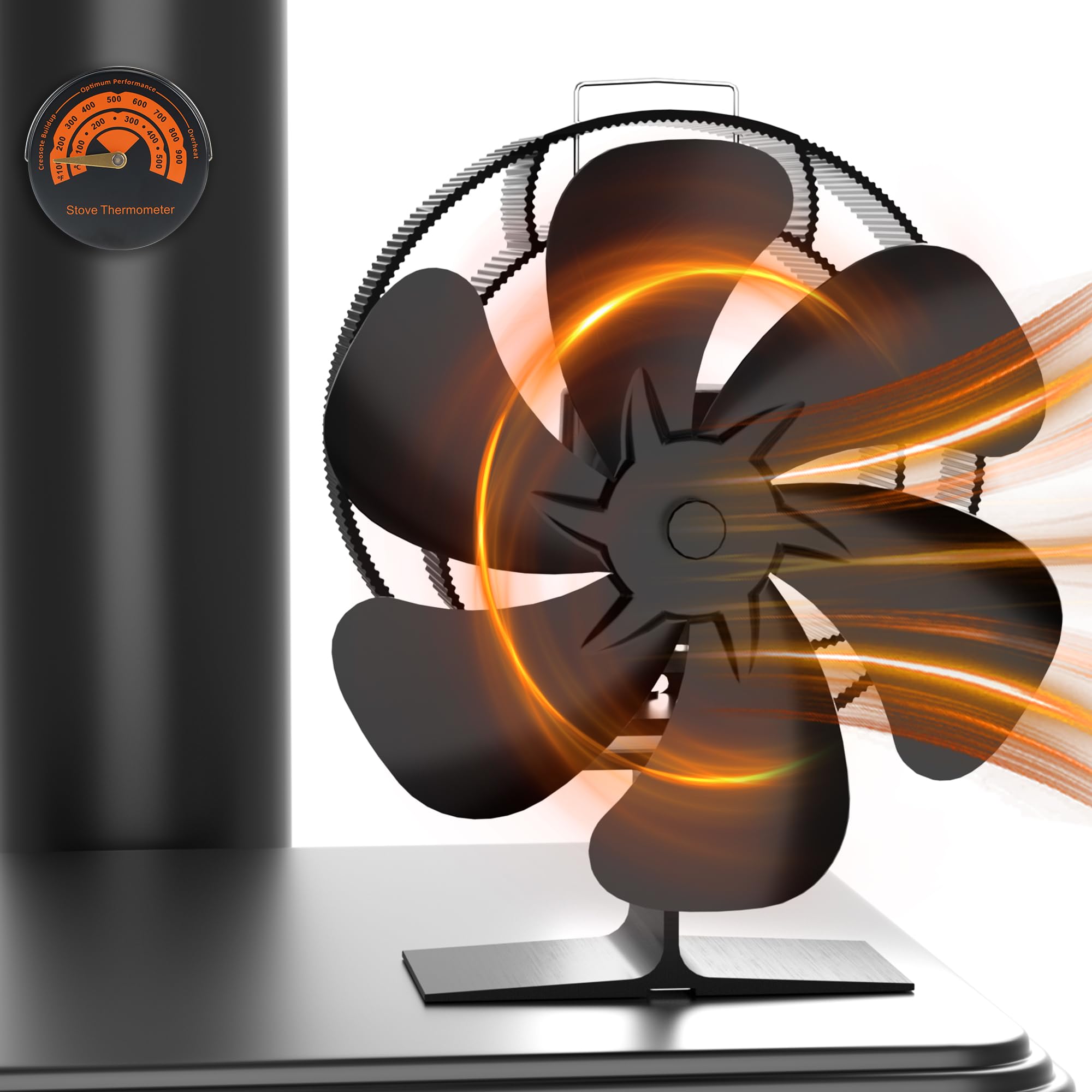 Easywave Oscillating Wood Stove Fan: Fireplace Fan with Wood Stove Magnetic Thermometer - 6 Blades Heat Powered Stove Fan for Wo