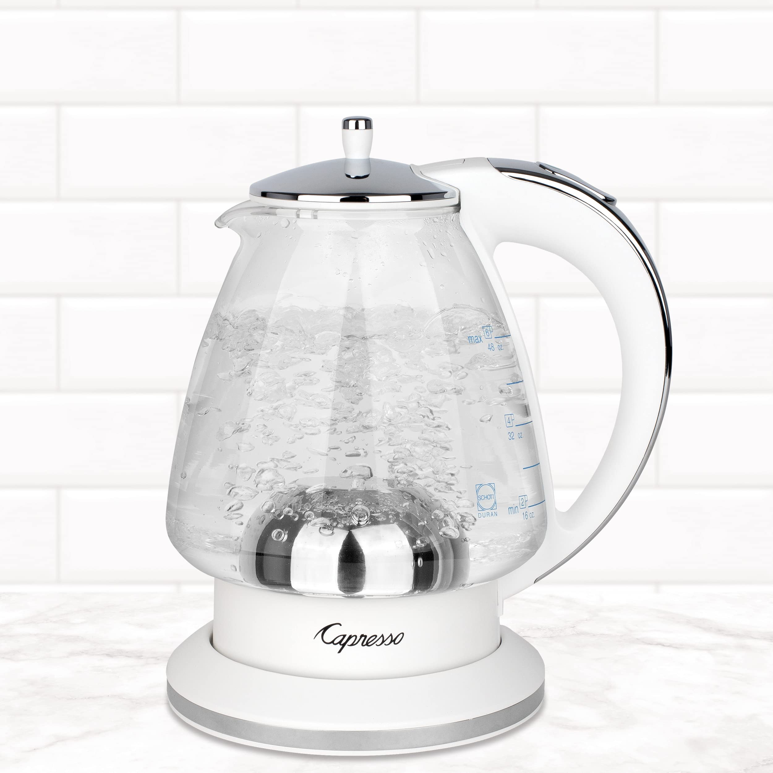 Capresso H2O Glass Kettle, 240.02, White And Polished Chrome, 48 Ounces