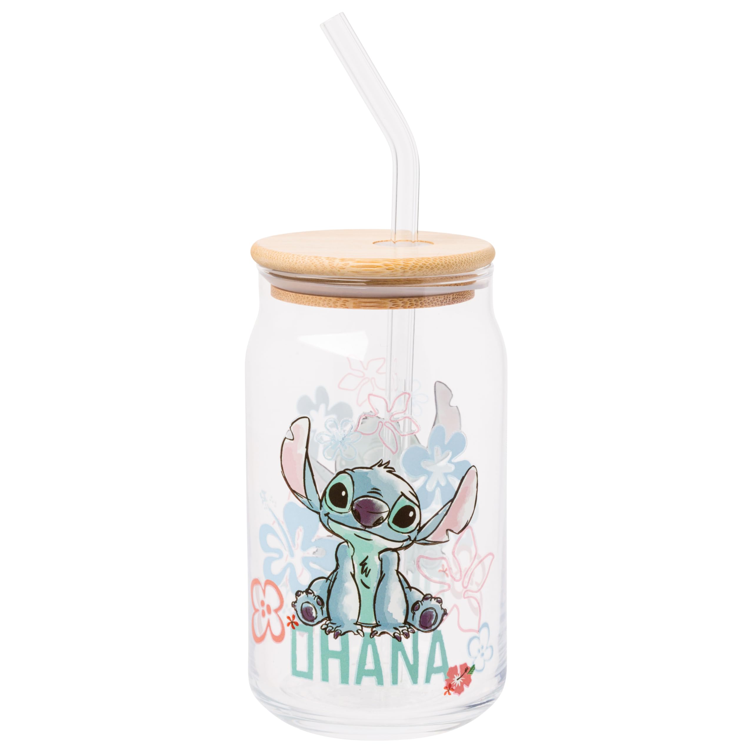 Silver Buffalo Disney Lilo And Stitch Ohana Glass Tumbler With Bamboo Lid And Reusable Glass Straw Featuring Stitch Sitting, 16