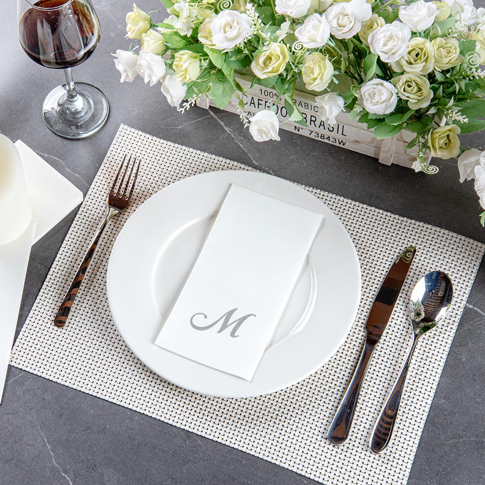 Luxenap 15.8 X 7.9 Inch Linen-Feel Guest Towels, 50 Lettered Hand Towels - Silver Letter 'M', Cursive Font, White Paper Dinner N