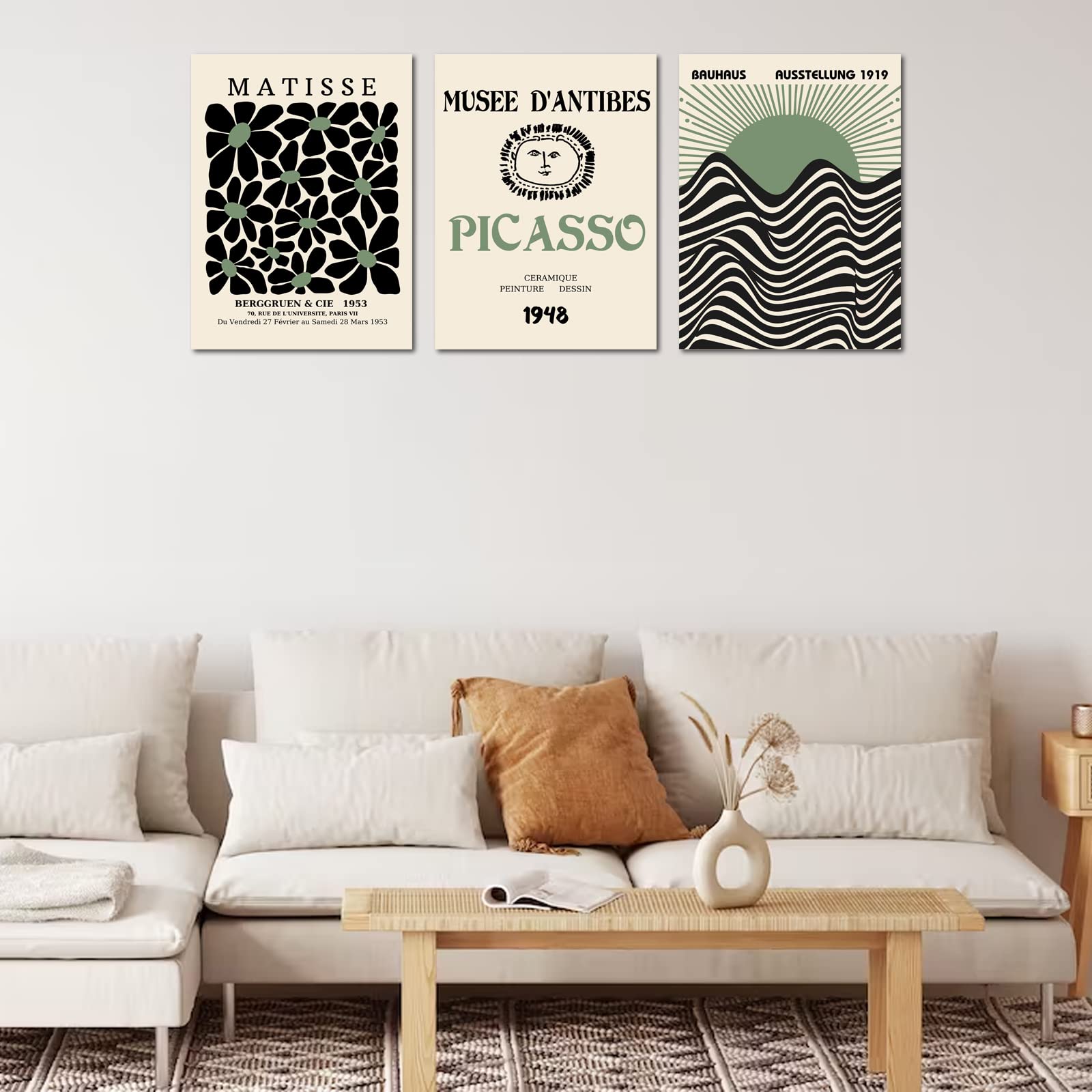 Sage Green Matisse Wall Art Set Of 3, Abstract Matisse Wall Art Posters Decor, Minimalist Framed Wall Art Geometric Line Sun Ris