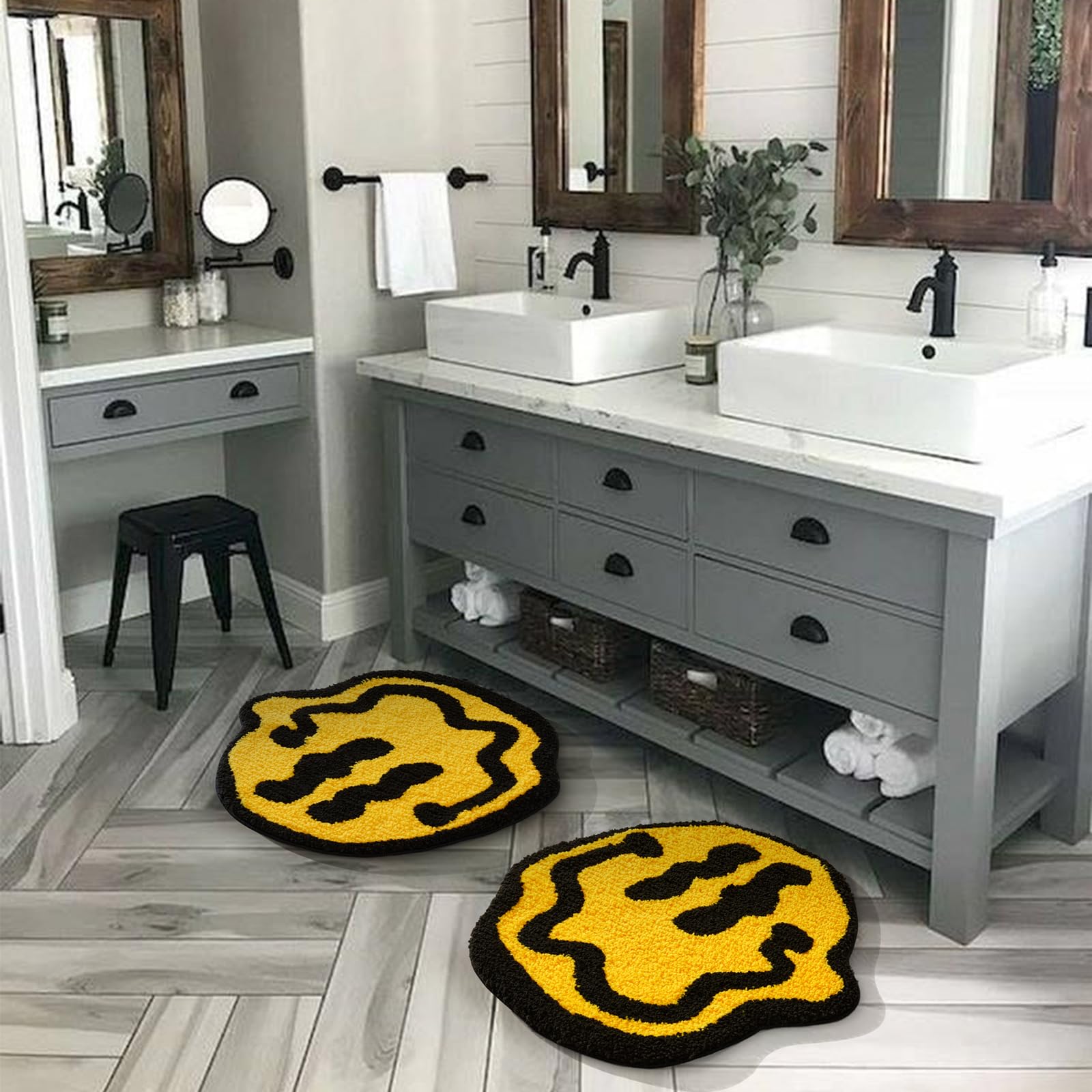 Estmy Trippy Happy Face 2Ft Round Bathroom Rugs Yellow/Black Non Slip Rubber Backed Washable, Groovy Aesthetic Abstract Hippie R
