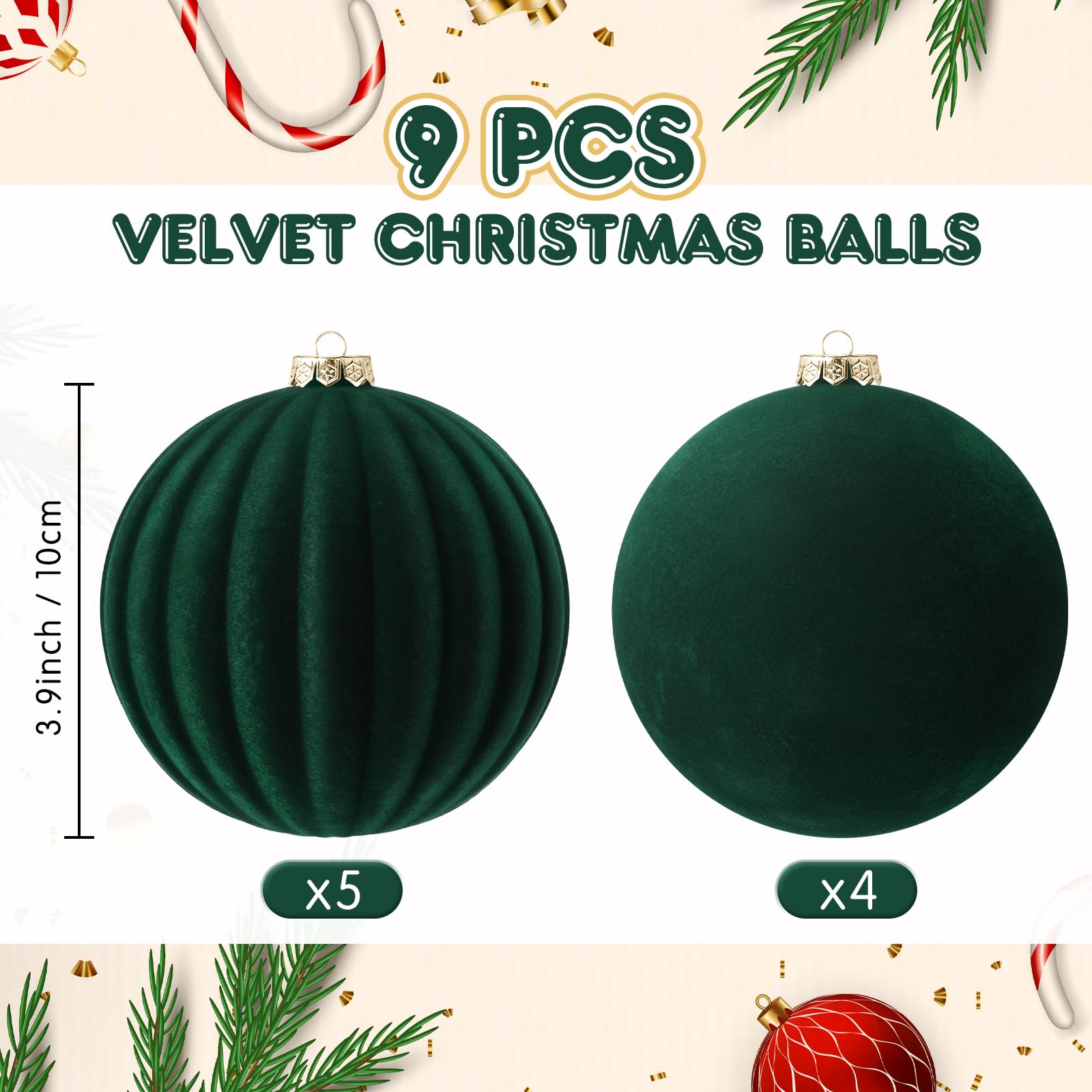 Syhood 9 Pcs 4 Inch Velvet Christmas Balls Large Velvet Xmas Tree Ornaments Balls Decorations Hanging Flocked Ornaments for Chri