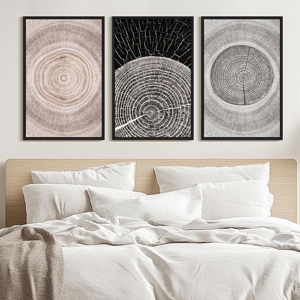 Phopago Vintage Wood Tree Rings Wall Art Large 24X36In Farmhouse Rustic Framed Paintings Nature Artwork For Dining Room Bedroom 