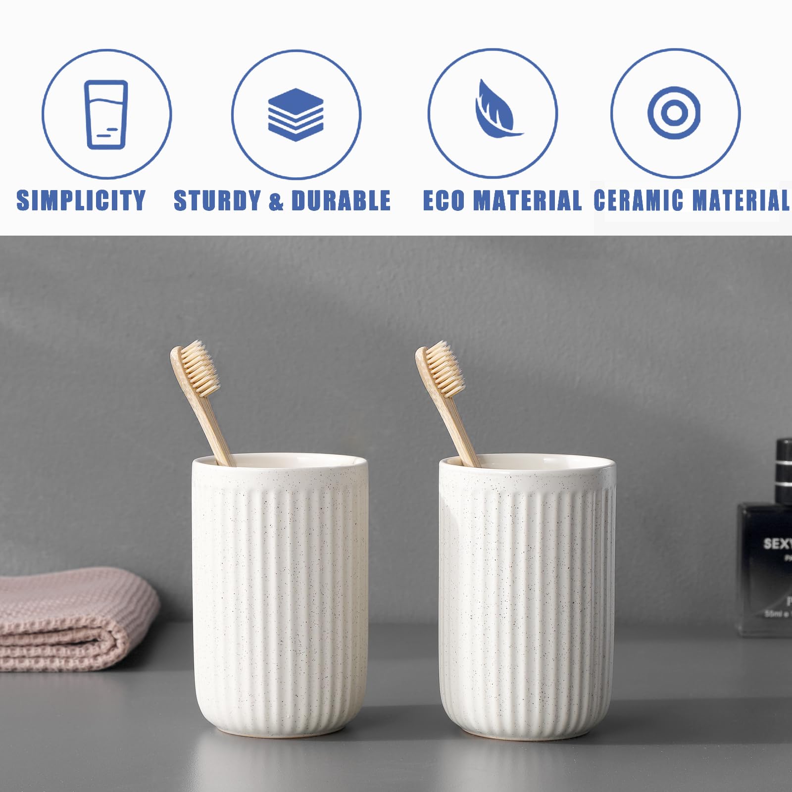 Bsdisp Toothbrush Holders For Bathrooms - 2 Cups Ceramic Toothbrush Toothpaste Holders Set, Beige Bathroom Tumbler Cups Reusable
