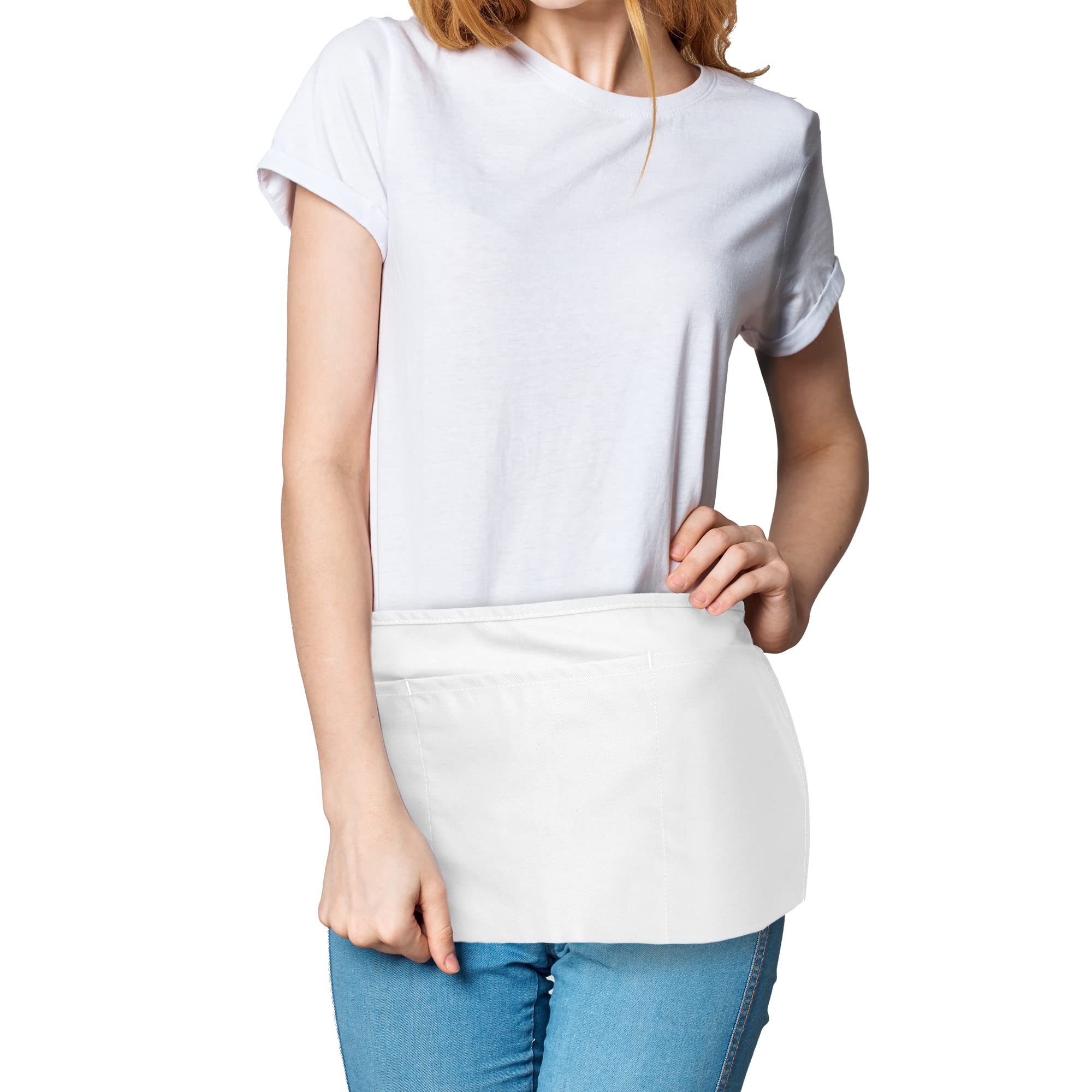 Dalix Waist Aprons Commercial Restaurant Home Bib Spun Poly Cotton Kitchen (3 Pockets) In White